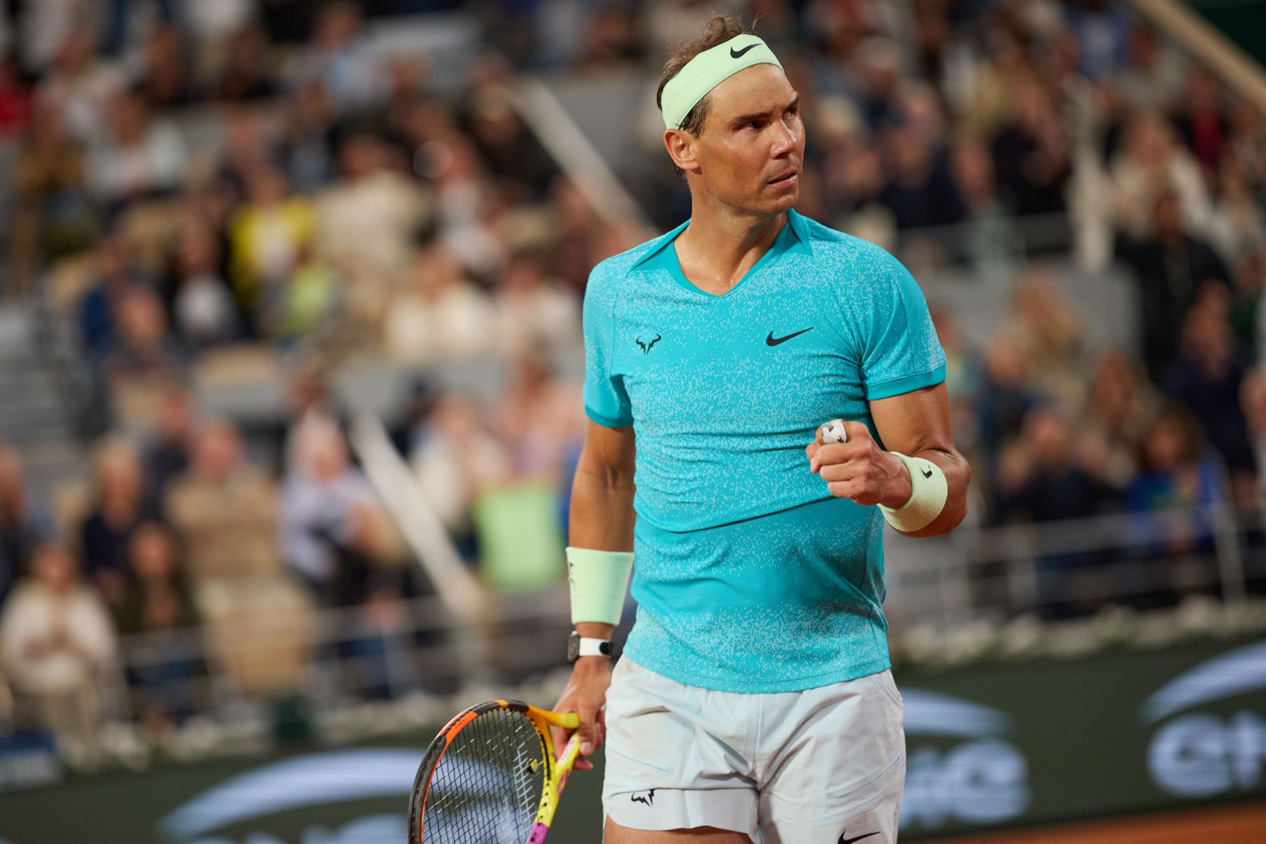 PARIS, FRANCE - MAY 27: Rafa Nadal of Spain reacts in the Men's Singles first round match against Alexander Szerev of Germany on day two of the 2024 French Open at Roland Garros on May 27, 2024 in Paris, France. (Photo by VCG/VCG via Getty Images)