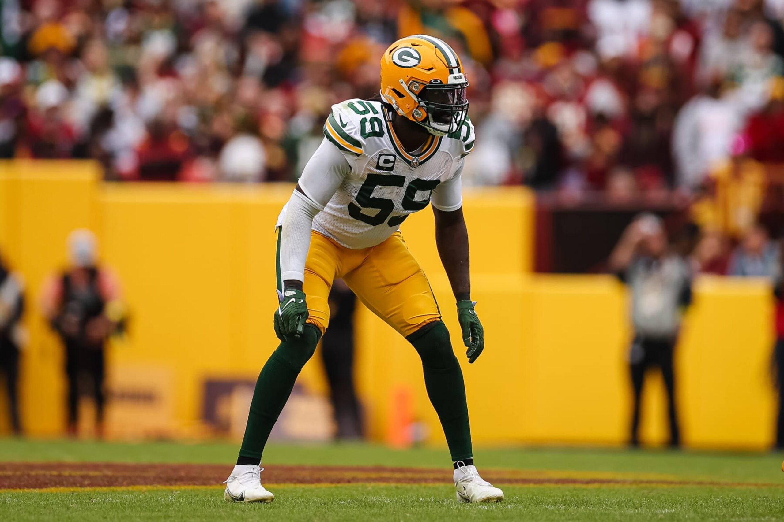 LANDOVER, MD - OCTOBER 23: De'Vondre Campbell #59 of the Green Bay Packers lines up against the Washington Commanders during the first half of the game at FedExField on October 23, 2022 in Landover, Maryland. (Photo by Scott Taetsch/Getty Images) LANDOVER, MD - OCTOBER 23: De'Vondre Campbell #59 of the Green Bay Packers lines up against the Washington Commanders during the first half of the game at FedExField on October 23, 2022 in Landover, Maryland. (Photo by Scott Taetsch/Getty Images)
