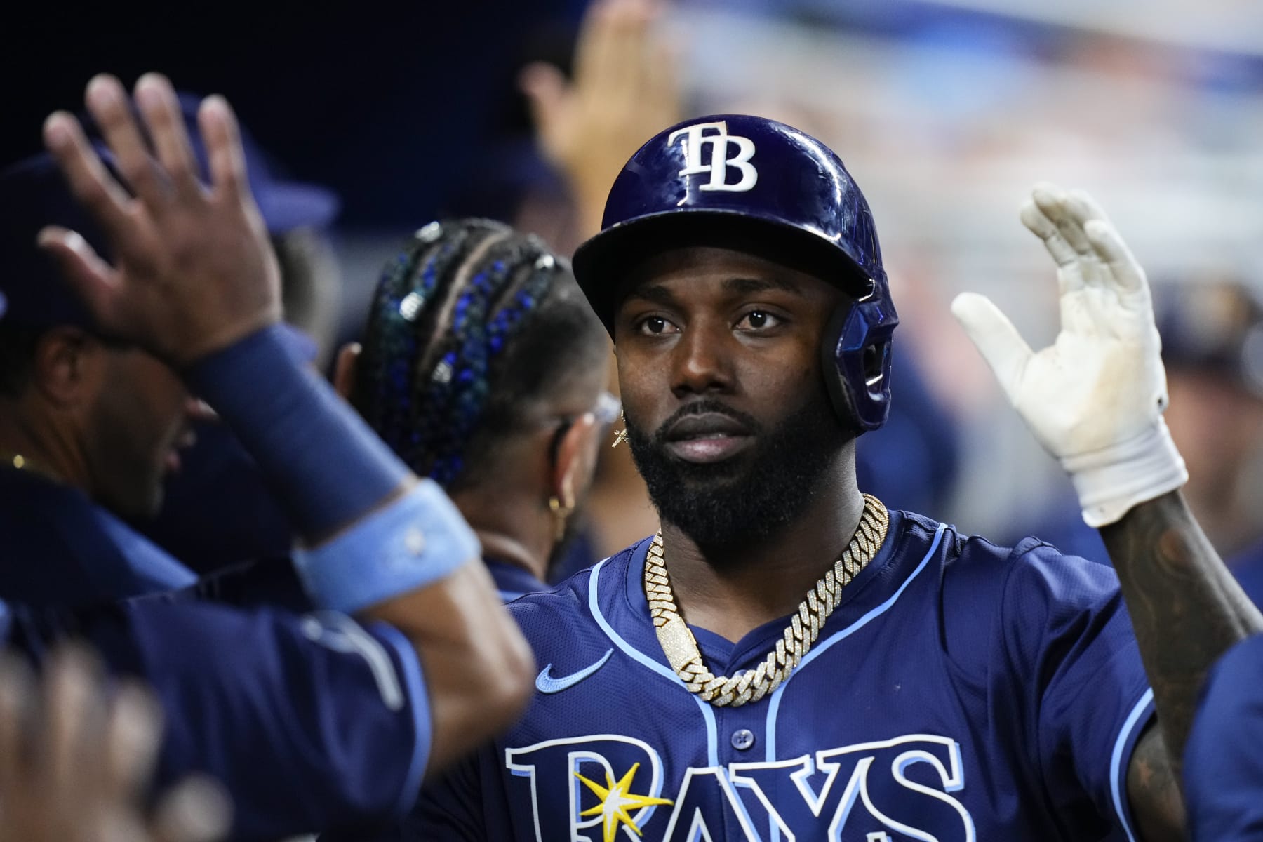 MIAMI, FLORIDA - JUNE 05: Randy Arozarena #56 of the Tampa Bay Rays celebrates scoring in the first inning against the Miami Marlins  at loanDepot park on June 05, 2024 in Miami, Florida.  (Photo by Rich Storry/Getty Images)