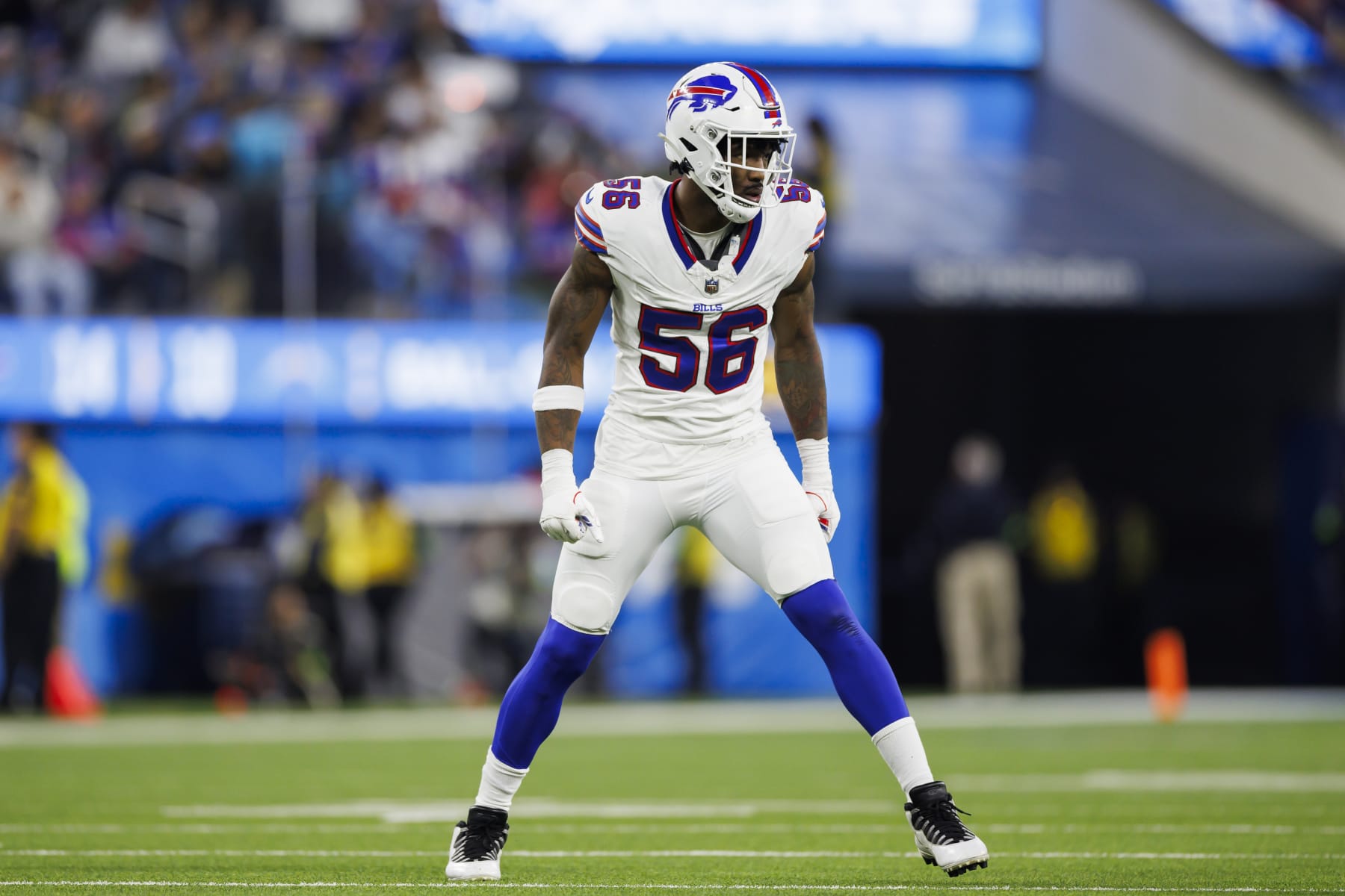 INGLEWOOD, CA - DECEMBER 23: Leonard Floyd #56 of the Buffalo Bills lines up to run around the edge during an NFL football game against the Los Angeles Chargers at SoFi Stadium on December 23, 2023 in Inglewood, California. (Photo by Ryan Kang/Getty Images)