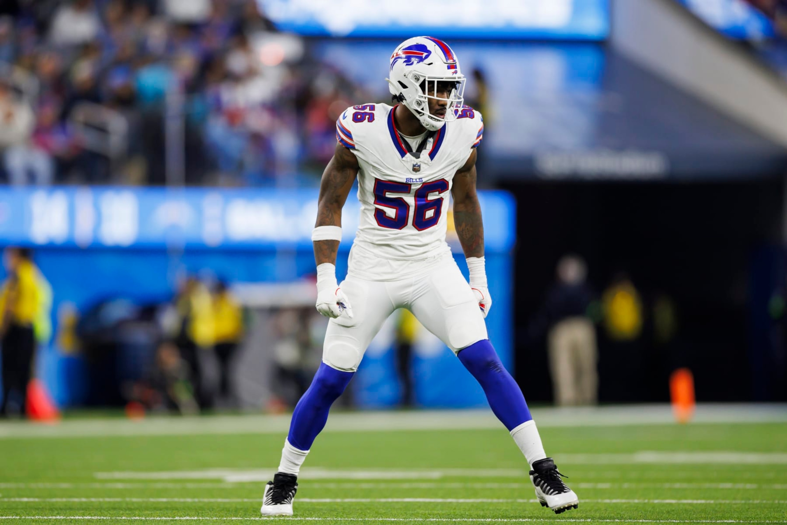 INGLEWOOD, CA - DECEMBER 23: Leonard Floyd #56 of the Buffalo Bills lines up to run around the edge during an NFL football game against the Los Angeles Chargers at SoFi Stadium on December 23, 2023 in Inglewood, California. (Photo by Ryan Kang/Getty Images) INGLEWOOD, CA - DECEMBER 23: Leonard Floyd #56 of the Buffalo Bills lines up to run around the edge during an NFL football game against the Los Angeles Chargers at SoFi Stadium on December 23, 2023 in Inglewood, California. (Photo by Ryan Kang/Getty Images)