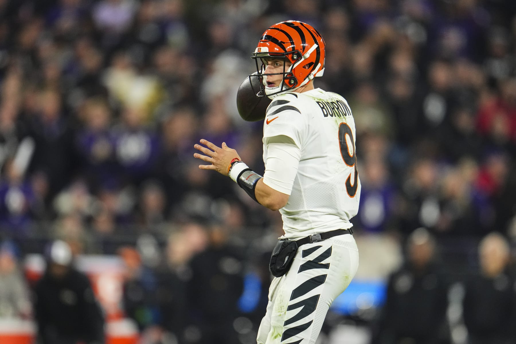 BALTIMORE, MD - NOVEMBER 16: Joe Burrow #9 of the Cincinnati Bengals throws the ball during an NFL football game against the Baltimore Ravens at M&T Bank Stadium on November 16, 2023 in Baltimore, Maryland. (Photo by Cooper Neill/Getty Images)