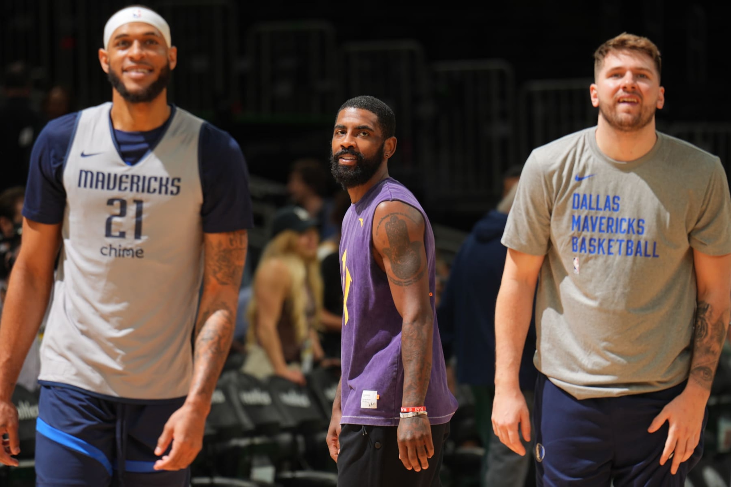 BOSTON, MA - JUNE 8: Kyrie Irving #11 of the Dallas Mavericks looks on during 2024 NBA Finals Practice and Media Availability on June 8, 2024 at the TD Garden in Boston, Massachusetts. NOTE TO USER: User expressly acknowledges and agrees that, by downloading and or using this photograph, User is consenting to the terms and conditions of the Getty Images License Agreement. Mandatory Copyright Notice: Copyright 2024 NBAE (Photo by Jesse D. Garrabrant/NBAE via Getty Images)