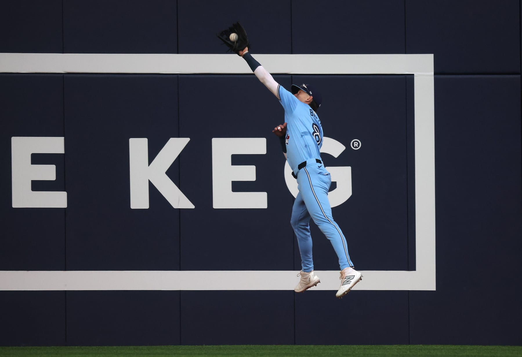 TORONTO, ON- MAY 22  -  Toronto Blue Jays second base Cavan Biggio (8) makes a catch on a long fly ball by Tommy Pham in the first inning as the Toronto Blue Jays play the Chicago White Sox at Rogers Centre in Toronto. May 22, 2024.  Steve Russell/Toronto Star        (Steve Russell/Toronto Star via Getty Images)