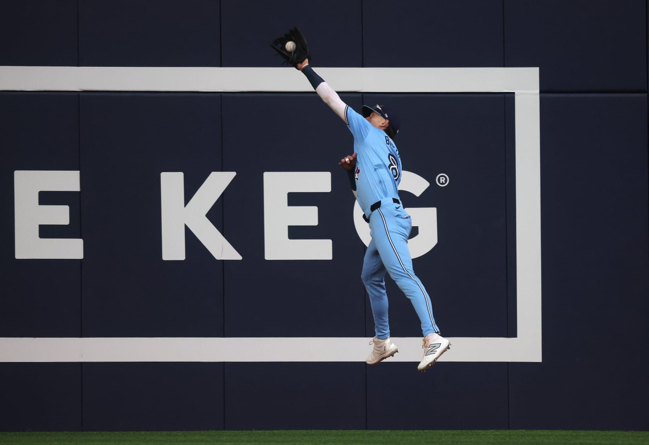 TORONTO, ON- MAY 22  -  Toronto Blue Jays second base Cavan Biggio (8) makes a catch on a long fly ball by Tommy Pham in the first inning as the Toronto Blue Jays play the Chicago White Sox at Rogers Centre in Toronto. May 22, 2024.  Steve Russell/Toronto Star        (Steve Russell/Toronto Star via Getty Images)