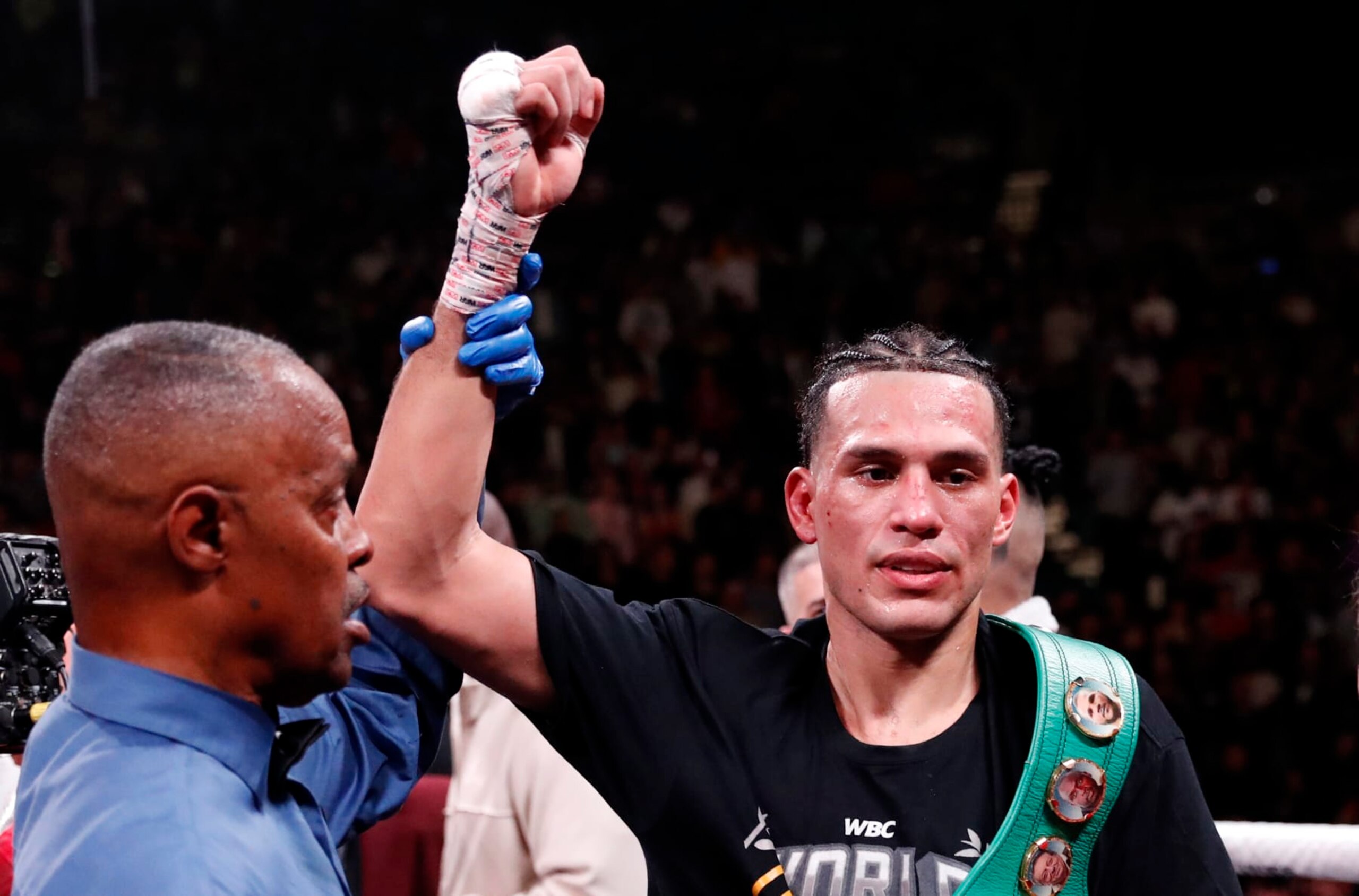 LAS VEGAS, NEVADA - MARCH 25: David Benavidez (R) poses with referee Kenny Bayless after defeating Caleb Plant in a WBC super middleweight fight at MGM Grand Garden Arena on March 25, 2023 in Las Vegas, Nevada. Benavidez retained his WBC interim super middleweight title by unanimous decision.  (Photo by Steve Marcus/Getty Images)