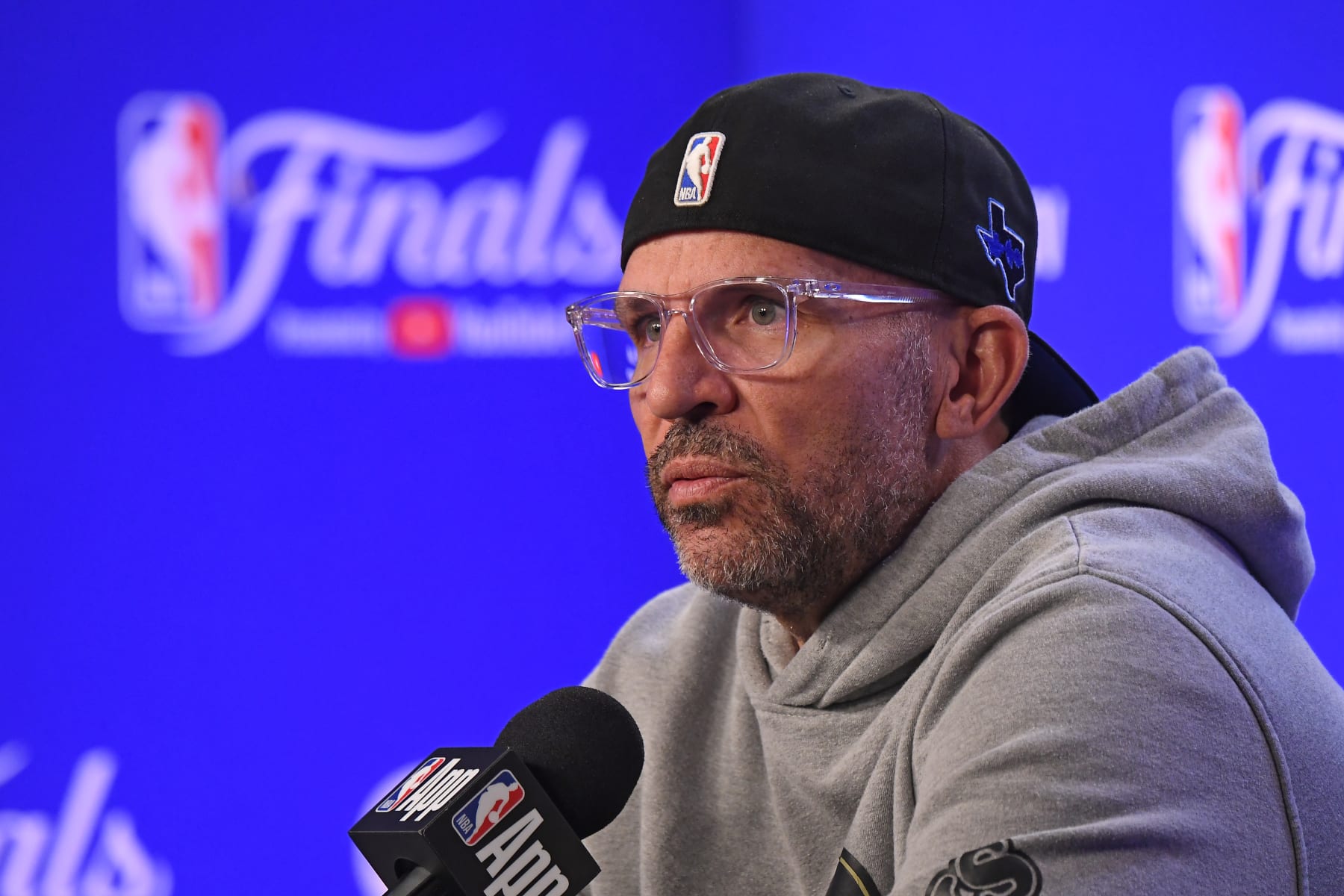 BOSTON, MA - JUNE 11: Head Coach Jason Kidd of the Dallas Mavericks talks to the media during 2024 NBA Finals Practice and Media Availability on June 11, 2024 at the American Airlines Center in Dallas, Texas. NOTE TO USER: User expressly acknowledges and agrees that, by downloading and or using this photograph, User is consenting to the terms and conditions of the Getty Images License Agreement. Mandatory Copyright Notice: Copyright 2024 NBAE (Photo by Brian Babineau/NBAE via Getty Images)