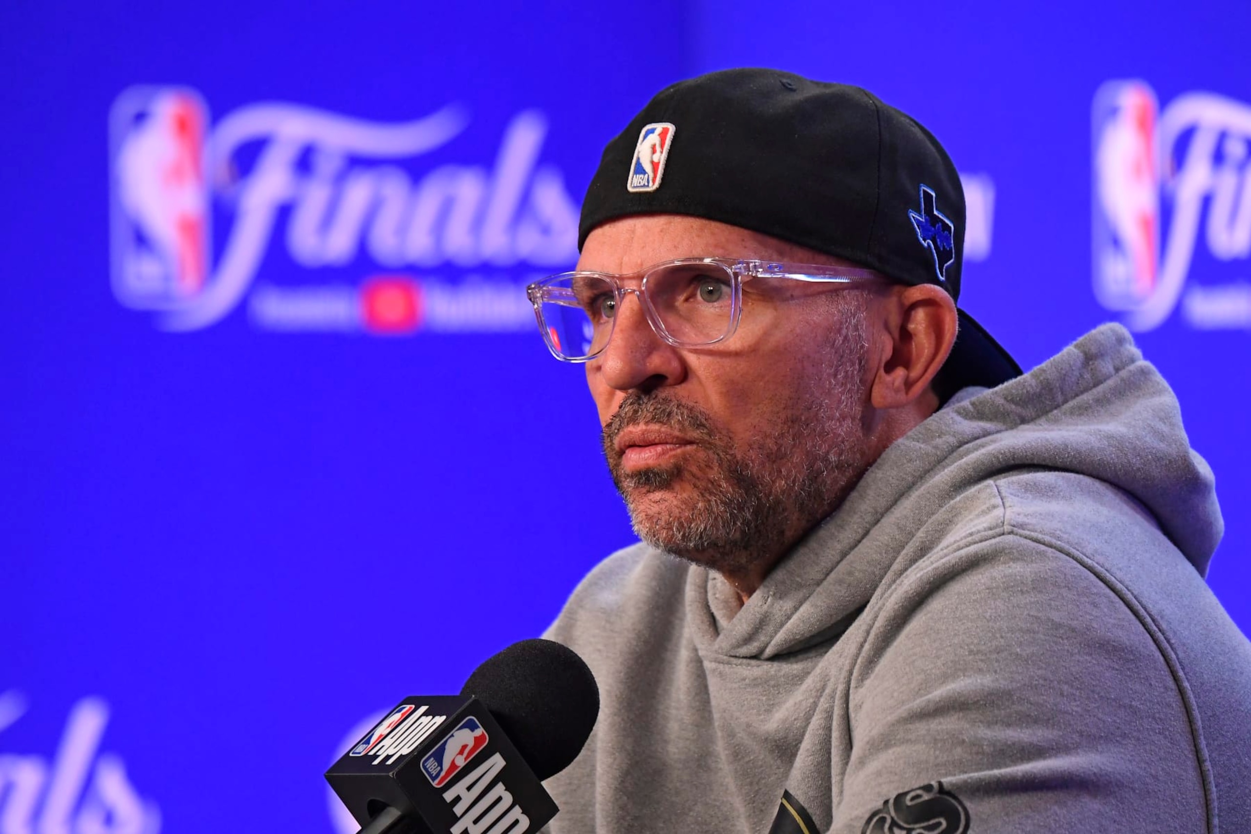 BOSTON, MA - JUNE 11: Head Coach Jason Kidd of the Dallas Mavericks talks to the media during 2024 NBA Finals Practice and Media Availability on June 11, 2024 at the American Airlines Center in Dallas, Texas. NOTE TO USER: User expressly acknowledges and agrees that, by downloading and or using this photograph, User is consenting to the terms and conditions of the Getty Images License Agreement. Mandatory Copyright Notice: Copyright 2024 NBAE (Photo by Brian Babineau/NBAE via Getty Images)