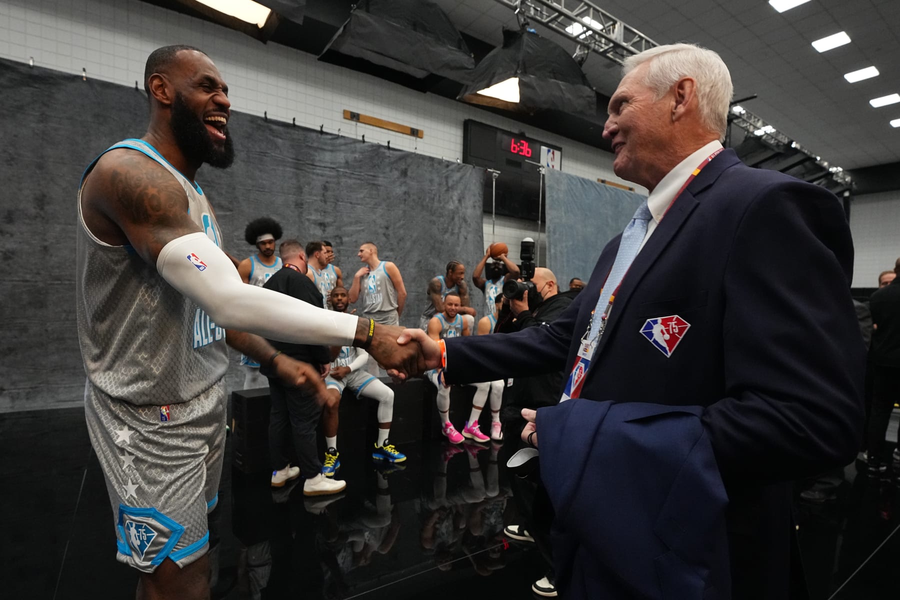 CLEVELAND, OH - FEBRUARY 20: NBA Legend Jerry West talks to LeBron James #6 of Team LeBron during the 71st NBA All-Star Game as part of 2022 NBA All Star Weekend on February 20, 2022 on February 20, 2022 at Rocket Mortgage FieldHouse in Cleveland, Ohio. NOTE TO USER: User expressly acknowledges and agrees that, by downloading and/or using this Photograph, user is consenting to the terms and conditions of the Getty Images License Agreement. Mandatory Copyright Notice: Copyright 2022 NBAE (Photo by Bart Young/NBAE via Getty Images)