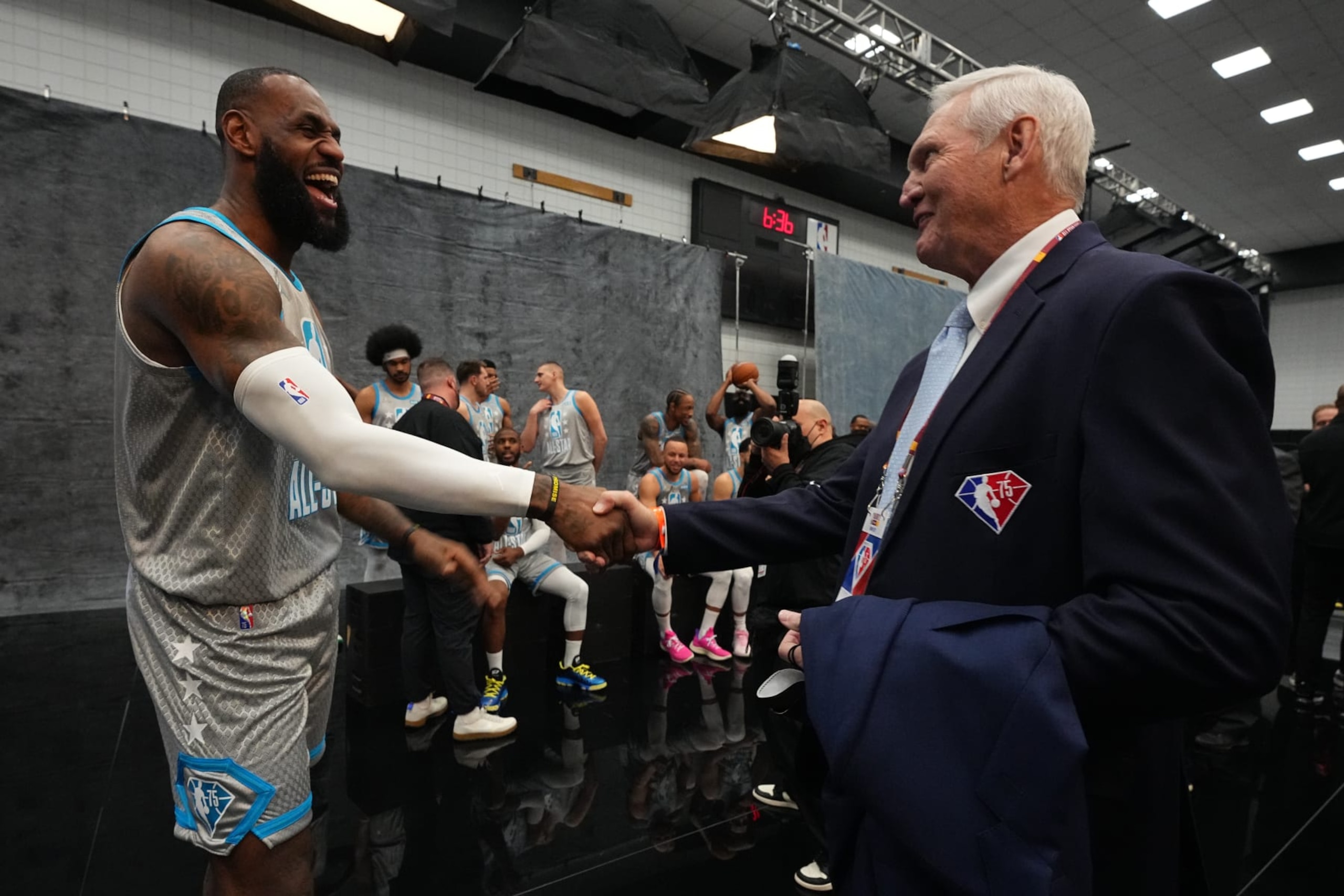 CLEVELAND, OH - FEBRUARY 20: NBA Legend Jerry West talks to LeBron James #6 of Team LeBron during the 71st NBA All-Star Game as part of 2022 NBA All Star Weekend on February 20, 2022 on February 20, 2022 at Rocket Mortgage FieldHouse in Cleveland, Ohio. NOTE TO USER: User expressly acknowledges and agrees that, by downloading and/or using this Photograph, user is consenting to the terms and conditions of the Getty Images License Agreement. Mandatory Copyright Notice: Copyright 2022 NBAE (Photo by Bart Young/NBAE via Getty Images)