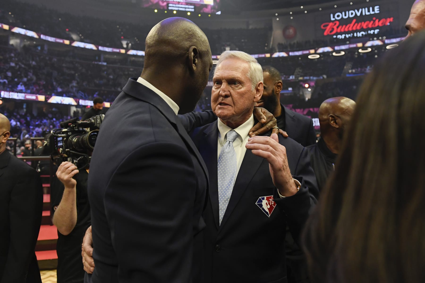 CLEVELAND, OH - FEBRUARY 20: NBA Legends, Michael Jordan and Jerry West talk during the 71st NBA All-Star Game as part of 2022 NBA All Star Weekend on February 20, 2022 at Wolstein Center in Cleveland, Ohio. NOTE TO USER: User expressly acknowledges and agrees that, by downloading and/or using this Photograph, user is consenting to the terms and conditions of the Getty Images License Agreement. Mandatory Copyright Notice: Copyright 2022 NBAE (Photo by Juan Ocampo/NBAE via Getty Images)