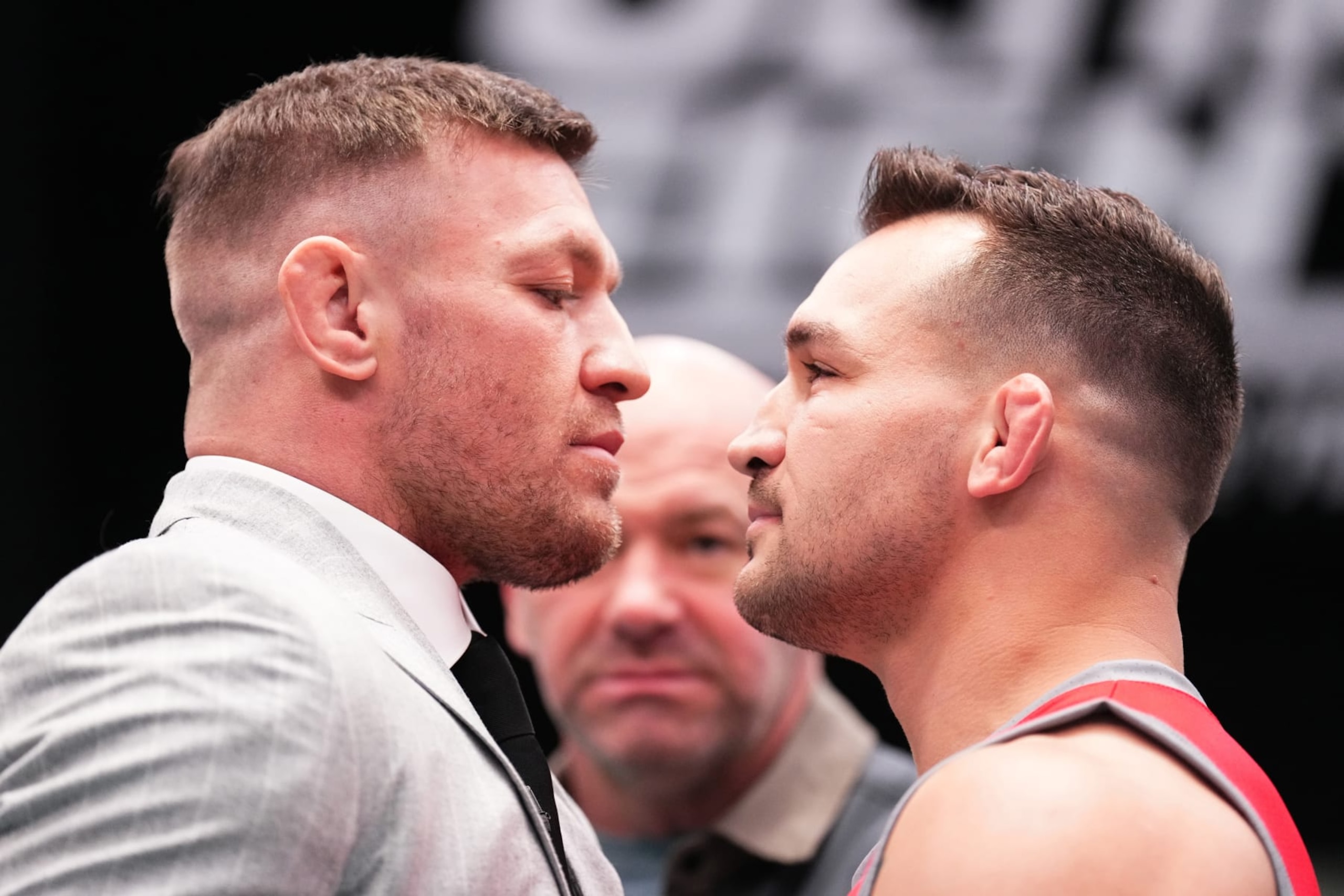 LAS VEGAS, NEVADA - MARCH 13:   (L-R) Conor McGregor and Michael Chandler face off during the filming of The Ultimate Fighter at UFC APEX on March 13, 2023 in Las Vegas, Nevada. (Photo by Chris Unger/Zuffa LLC via Getty Images)