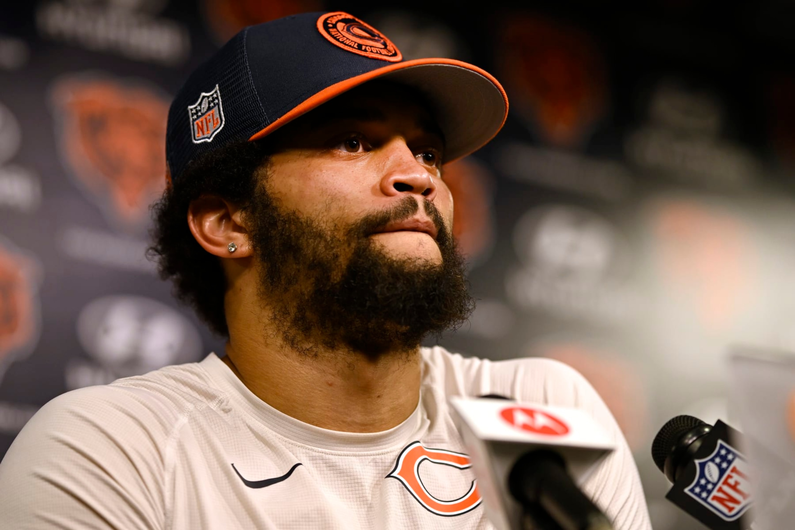 LAKE FOREST, ILLINOIS - JUNE 06: Caleb Williams #18 of the Chicago Bears speaks during a new conference after the Chicago Bears mandatory minicamp at Halas Hall on June 06, 2024 in Lake Forest, Illinois. (Photo by Quinn Harris/Getty Images)