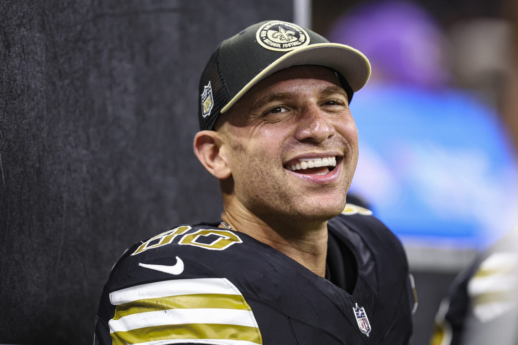 NEW ORLEANS, LA - DECEMBER 10: Jimmy Graham #80 of the New Orleans Saints celebrates after scoring a touchdown during an NFL football game against the Carolina Panthers at Caesars Superdome on December 10, 2023 in New Orleans, LA. (Photo by Perry Knotts/Getty Images)