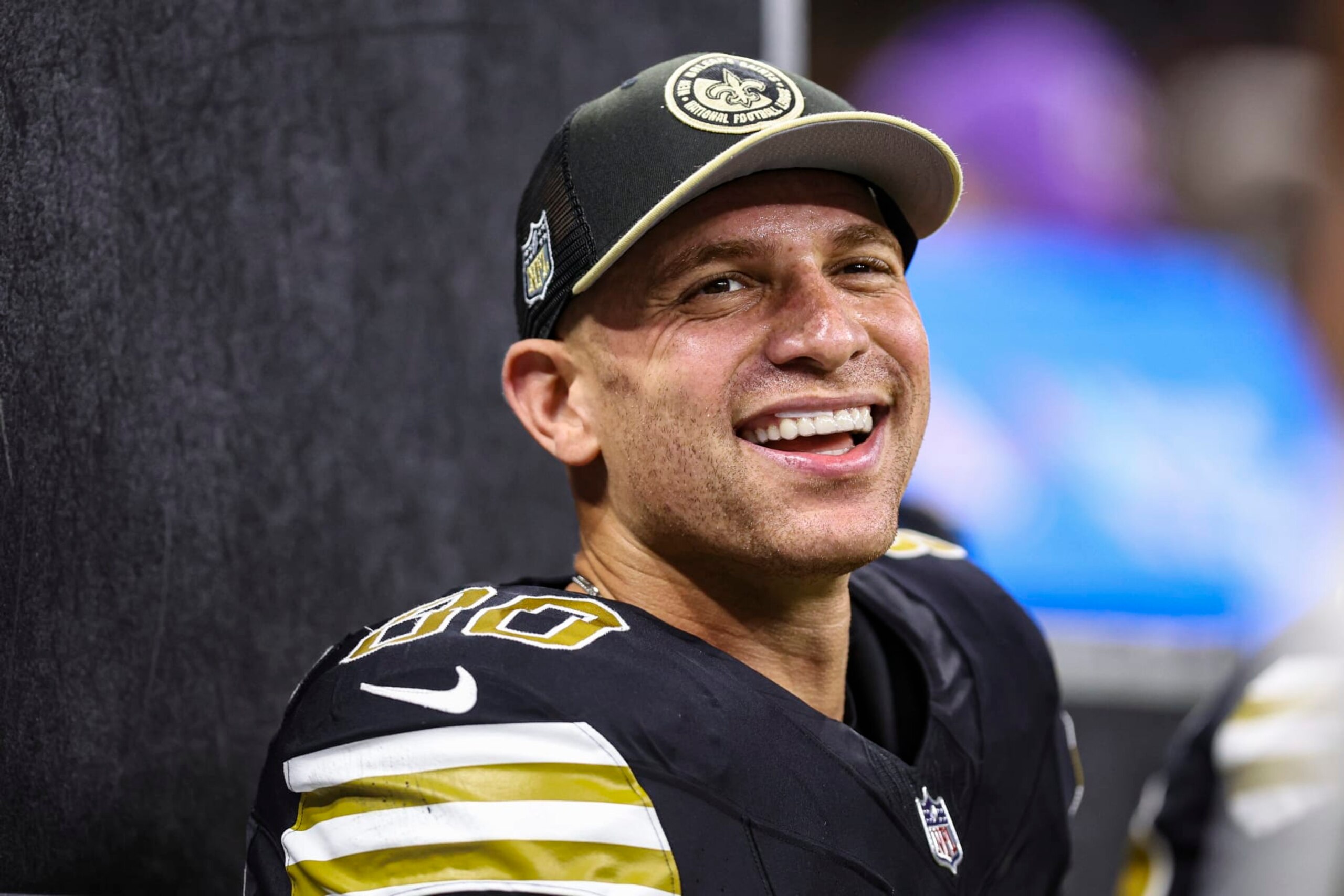 NEW ORLEANS, LA - DECEMBER 10: Jimmy Graham #80 of the New Orleans Saints celebrates after scoring a touchdown during an NFL football game against the Carolina Panthers at Caesars Superdome on December 10, 2023 in New Orleans, LA. (Photo by Perry Knotts/Getty Images)