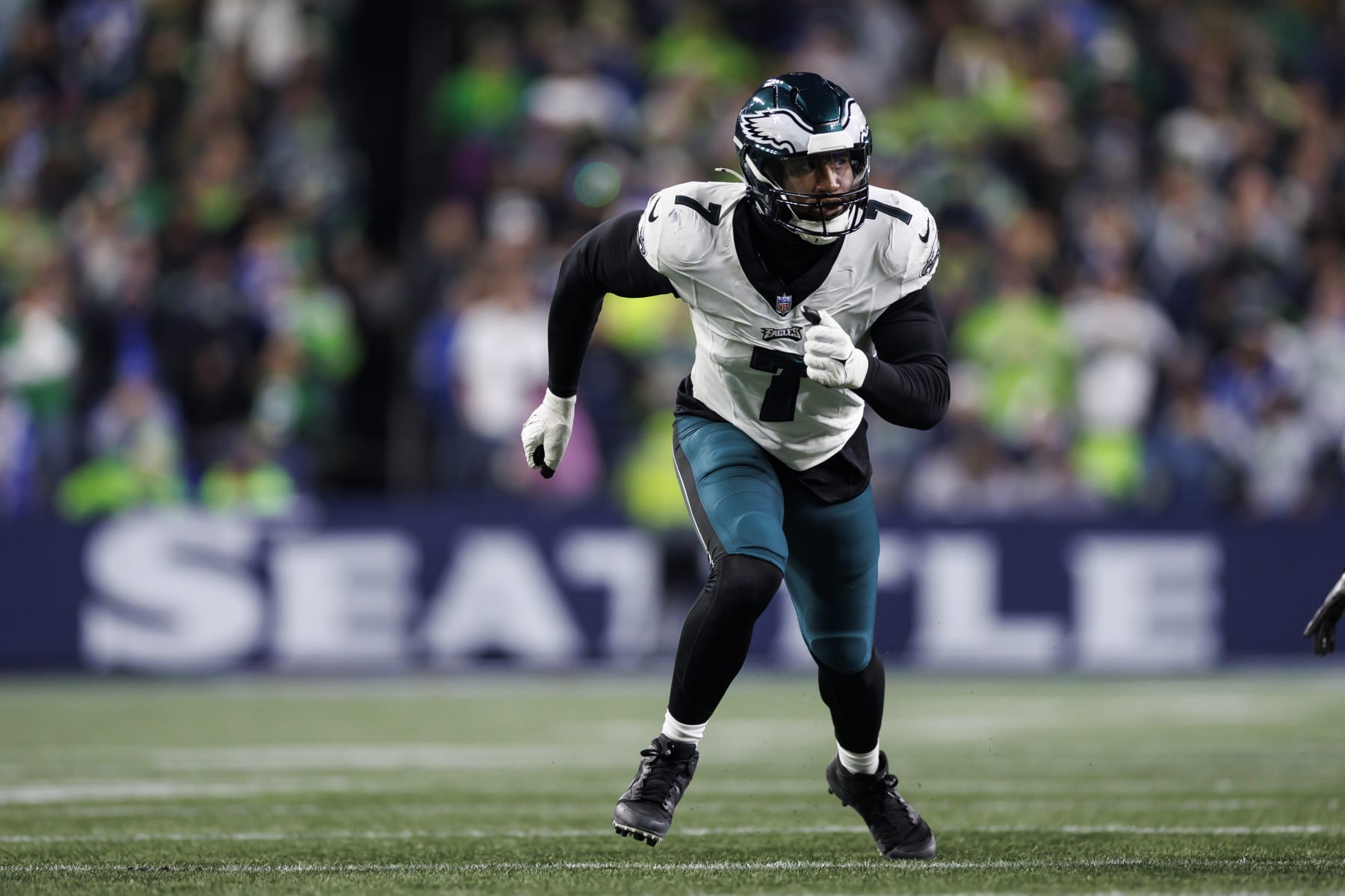 SEATTLE, WASHINGTON - DECEMBER 18: Haason Reddick #7 of the Philadelphia Eagles runs around the edge against the Seattle Seahawks at Lumen Field on December 18, 2023 in Seattle, Washington. (Photo by Ryan Kang/Getty Images)
