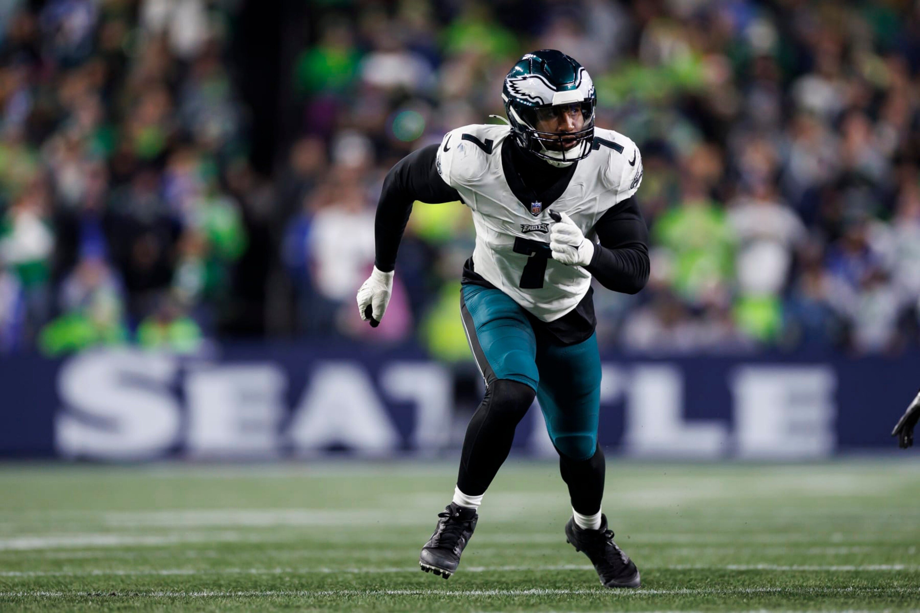SEATTLE, WASHINGTON - DECEMBER 18: Haason Reddick #7 of the Philadelphia Eagles runs around the edge against the Seattle Seahawks at Lumen Field on December 18, 2023 in Seattle, Washington. (Photo by Ryan Kang/Getty Images) SEATTLE, WASHINGTON - DECEMBER 18: Haason Reddick #7 of the Philadelphia Eagles runs around the edge against the Seattle Seahawks at Lumen Field on December 18, 2023 in Seattle, Washington. (Photo by Ryan Kang/Getty Images)