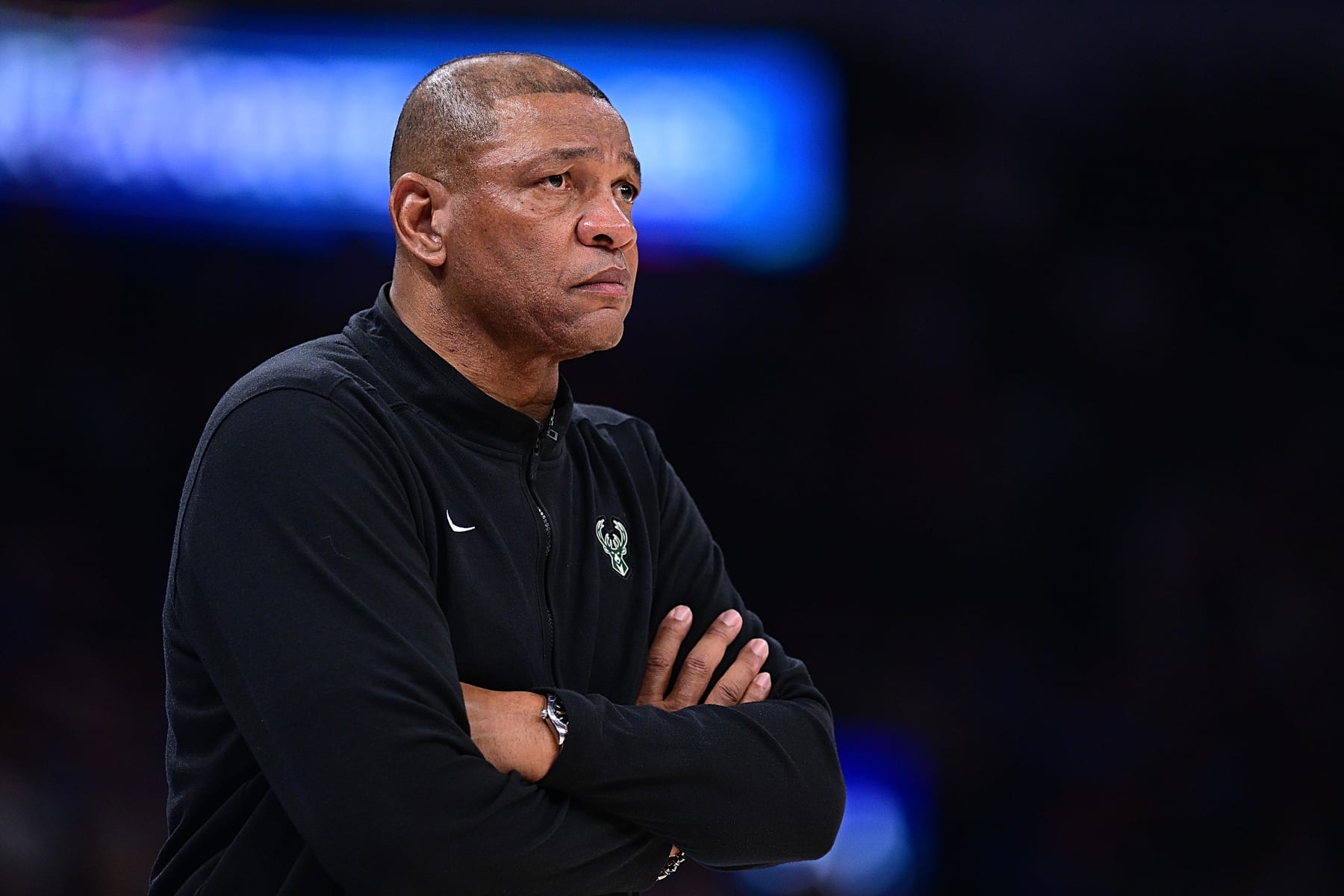 OKLAHOMA CITY, OKLAHOMA - APRIL 12: Doc Rivers of the Milwaukee Bucks looks on during the second half against the Oklahoma City Thunder at Paycom Center on April 12, 2024 in Oklahoma City, Oklahoma. NOTE TO USER: User expressly acknowledges and agrees that, by downloading and or using this Photograph, user is consenting to the terms and conditions of the Getty Images License Agreement. (Photo by Joshua Gateley/Getty Images)