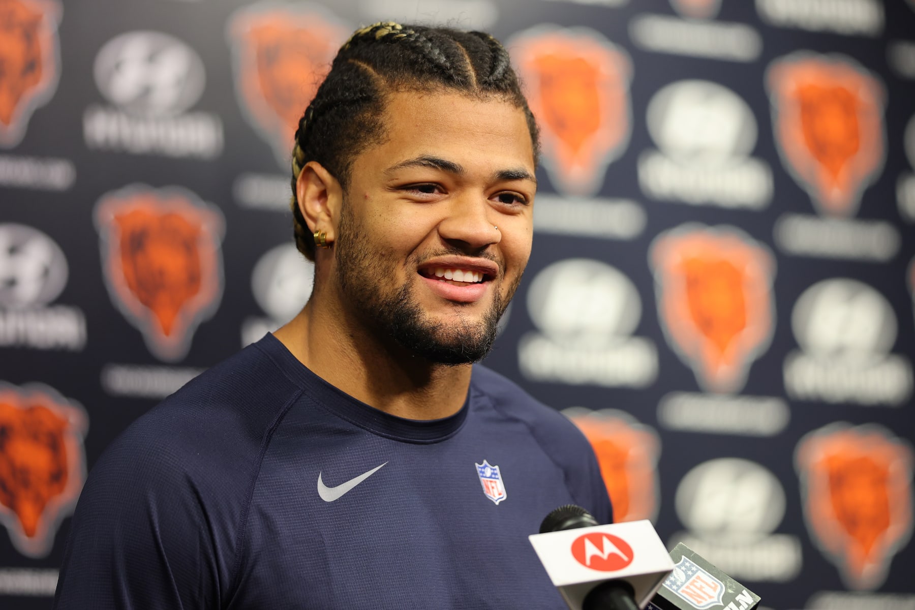 LAKE FOREST, ILLINOIS - MAY 10: Rome Odunze #15 of the Chicago Bears speaks with the media prior to Chicago Bears Rookie Minicamp at Halas Hall on May 10, 2024 in Lake Forest, Illinois. (Photo by Michael Reaves/Getty Images)