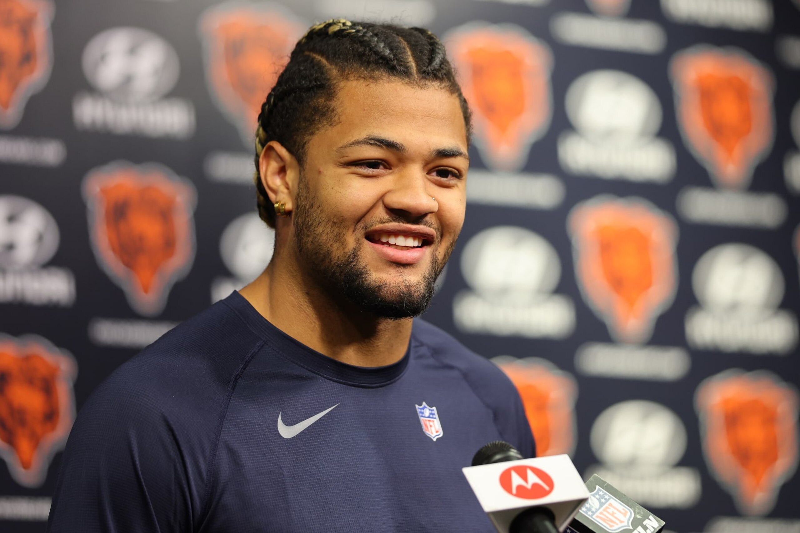 LAKE FOREST, ILLINOIS - MAY 10: Rome Odunze #15 of the Chicago Bears speaks with the media prior to Chicago Bears Rookie Minicamp at Halas Hall on May 10, 2024 in Lake Forest, Illinois. (Photo by Michael Reaves/Getty Images)