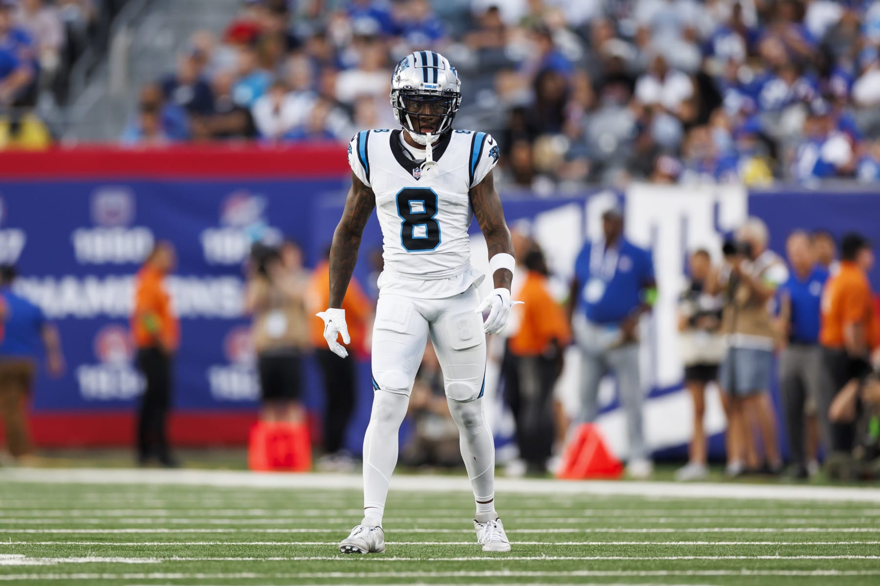 EAST RUTHERFORD, NEW JERSEY - AUGUST 18: Jaycee Horn #8 of the Carolina Panthers defends in coverage during an NFL preseason football game against the New York Giants at MetLife Stadium on August 18, 2023 in East Rutherford, New Jersey. (Photo by Ryan Kang/Getty Images)