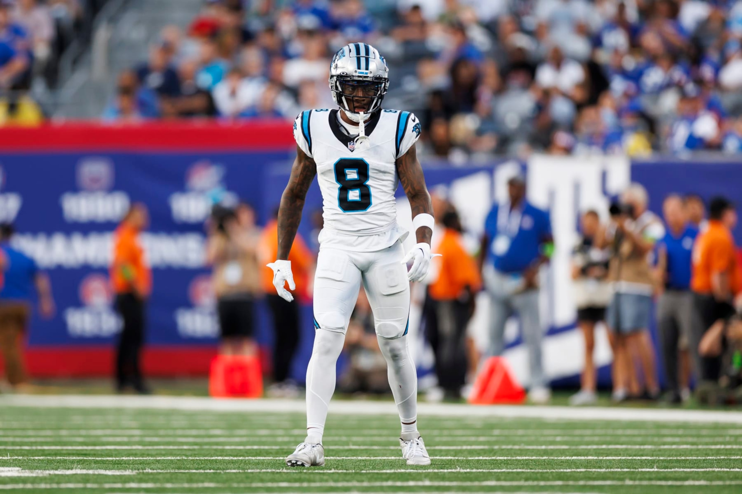 EAST RUTHERFORD, NEW JERSEY - AUGUST 18: Jaycee Horn #8 of the Carolina Panthers defends in coverage during an NFL preseason football game against the New York Giants at MetLife Stadium on August 18, 2023 in East Rutherford, New Jersey. (Photo by Ryan Kang/Getty Images)