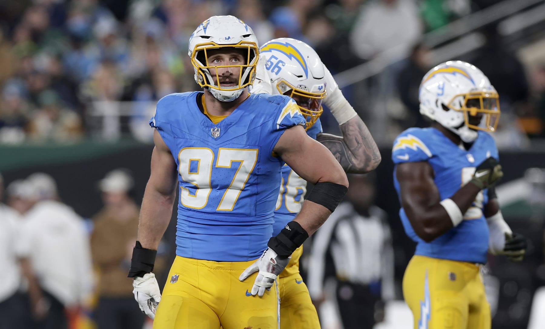 EAST RUTHERFORD, NEW JERSEY - NOVEMBER 06: (NEW YORK DAILIES OUT)  Joey Bosa #97 of the Los Angeles Chargers in action against the New York Jets at MetLife Stadium on November 06, 2023 in East Rutherford, New Jersey. The Chargers defeated the Jets 27-6. (Photo by Jim McIsaac/Getty Images)