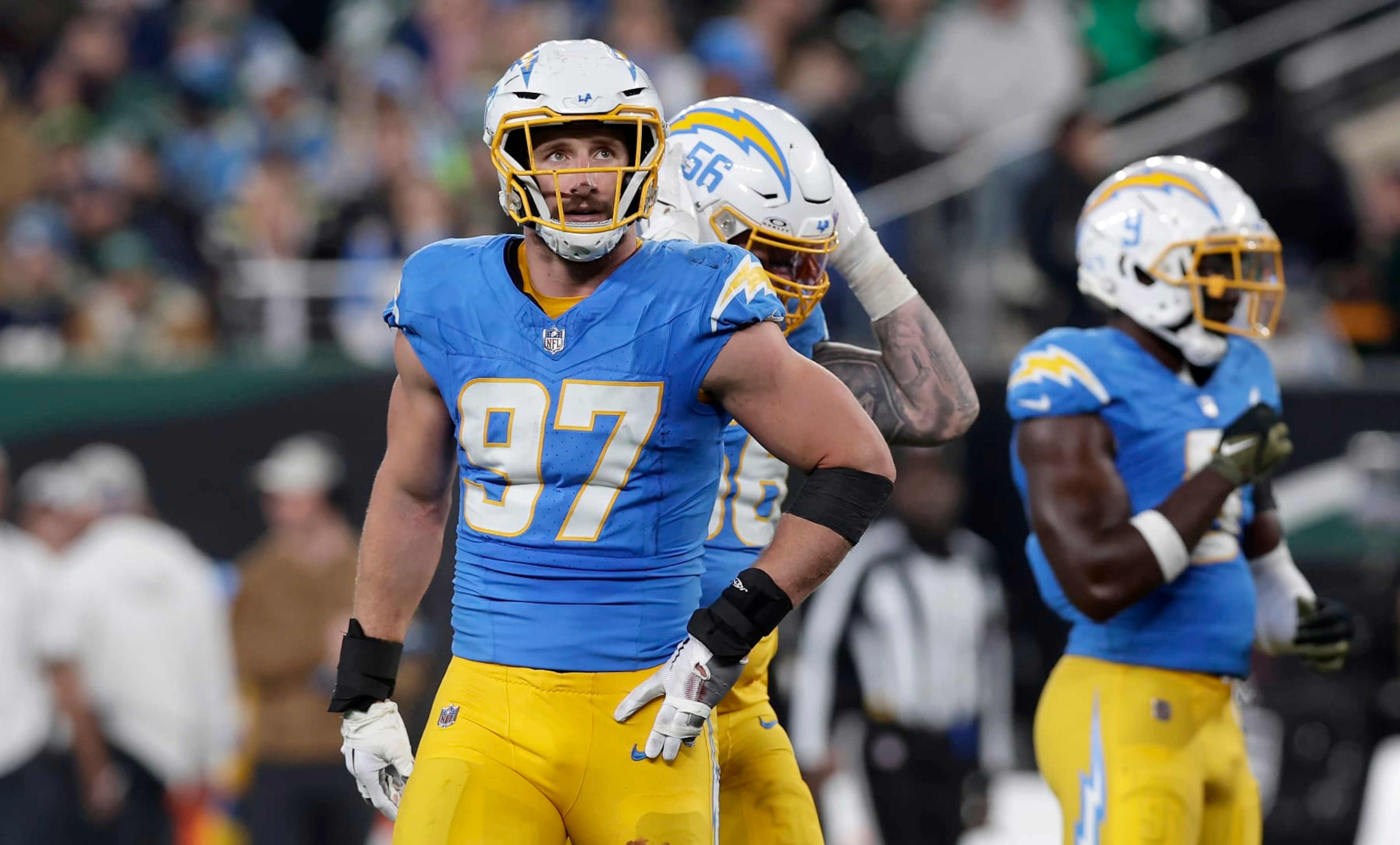 EAST RUTHERFORD, NEW JERSEY - NOVEMBER 06: (NEW YORK DAILIES OUT) Joey Bosa #97 of the Los Angeles Chargers in action against the New York Jets at MetLife Stadium on November 06, 2023 in East Rutherford, New Jersey. The Chargers defeated the Jets 27-6. (Photo by Jim McIsaac/Getty Images) EAST RUTHERFORD, NEW JERSEY - NOVEMBER 06: (NEW YORK DAILIES OUT) Joey Bosa #97 of the Los Angeles Chargers in action against the New York Jets at MetLife Stadium on November 06, 2023 in East Rutherford, New Jersey. The Chargers defeated the Jets 27-6. (Photo by Jim McIsaac/Getty Images)