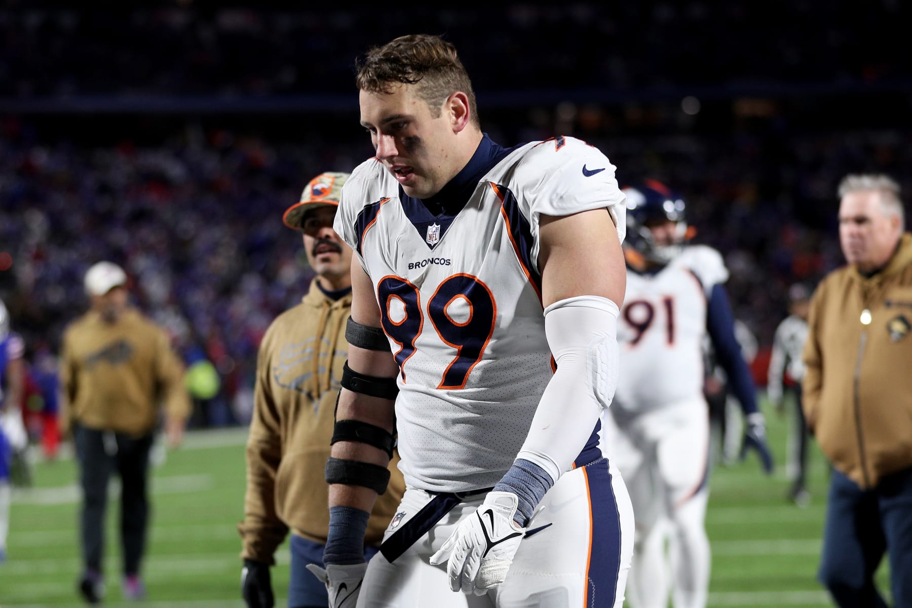 ORCHARD PARK, NEW YORK - NOVEMBER 13: Zach Allen #99 of the Denver Broncos walks off the field at halftime against the Buffalo Bills at Highmark Stadium on November 13, 2023 in Orchard Park, New York. (Photo by Bryan Bennett/Getty Images)