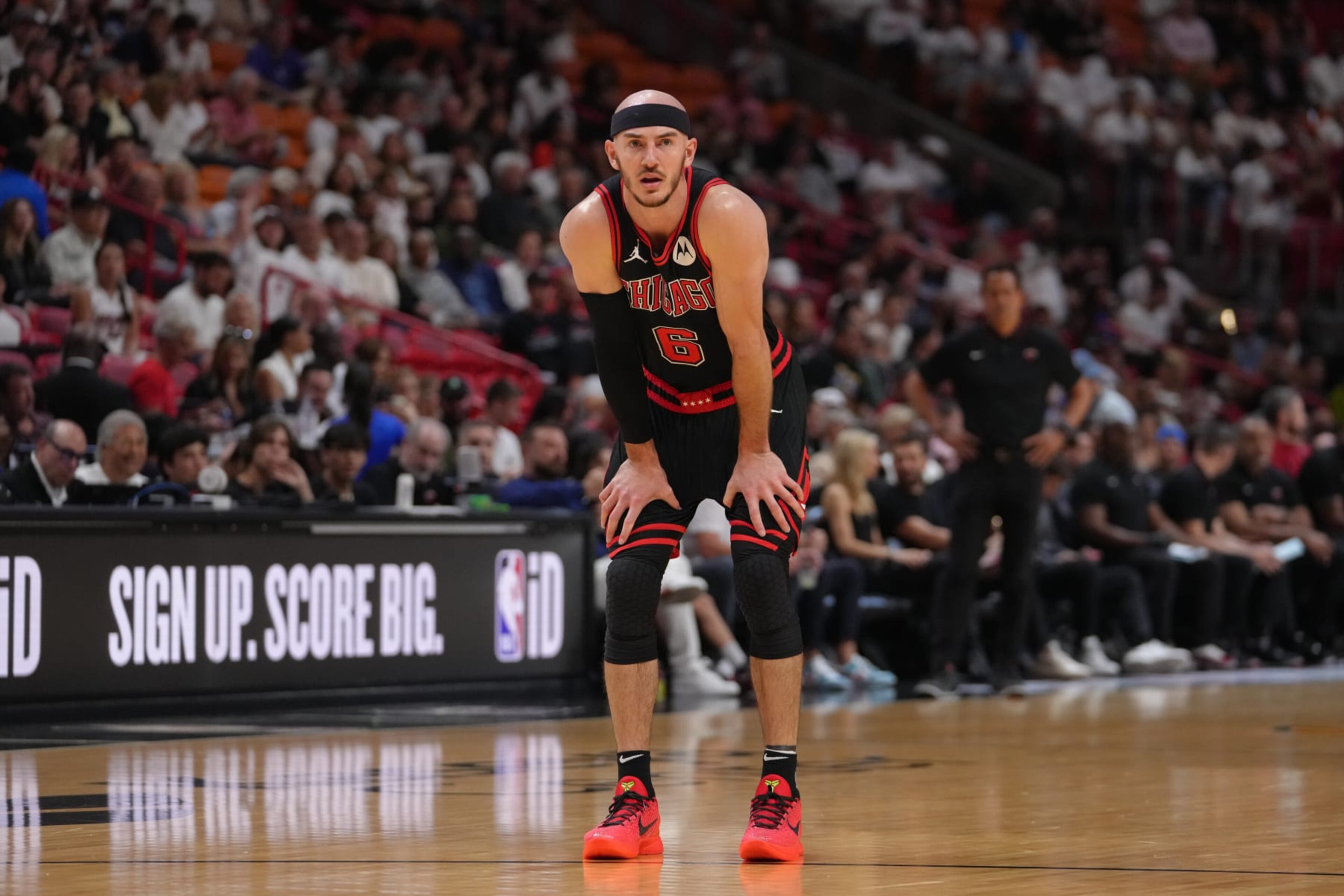 MIAMI, FL - APRIL 19: Alex Caruso #6 of the Chicago Bulls looks on during the game against the Miami Heat during the 2024 SoFi Play-In Tournament on April 19, 2024 at Kaseya Center in Miami, Florida. NOTE TO USER: User expressly acknowledges and agrees that, by downloading and or using this Photograph, user is consenting to the terms and conditions of the Getty Images License Agreement. Mandatory Copyright Notice: Copyright 2024 NBAE (Photo by Eric Espada/NBAE via Getty Images) MIAMI, FL - APRIL 19: Alex Caruso #6 of the Chicago Bulls looks on during the game against the Miami Heat during the 2024 SoFi Play-In Tournament on April 19, 2024 at Kaseya Center in Miami, Florida. NOTE TO USER: User expressly acknowledges and agrees that, by downloading and or using this Photograph, user is consenting to the terms and conditions of the Getty Images License Agreement. Mandatory Copyright Notice: Copyright 2024 NBAE (Photo by Eric Espada/NBAE via Getty Images)