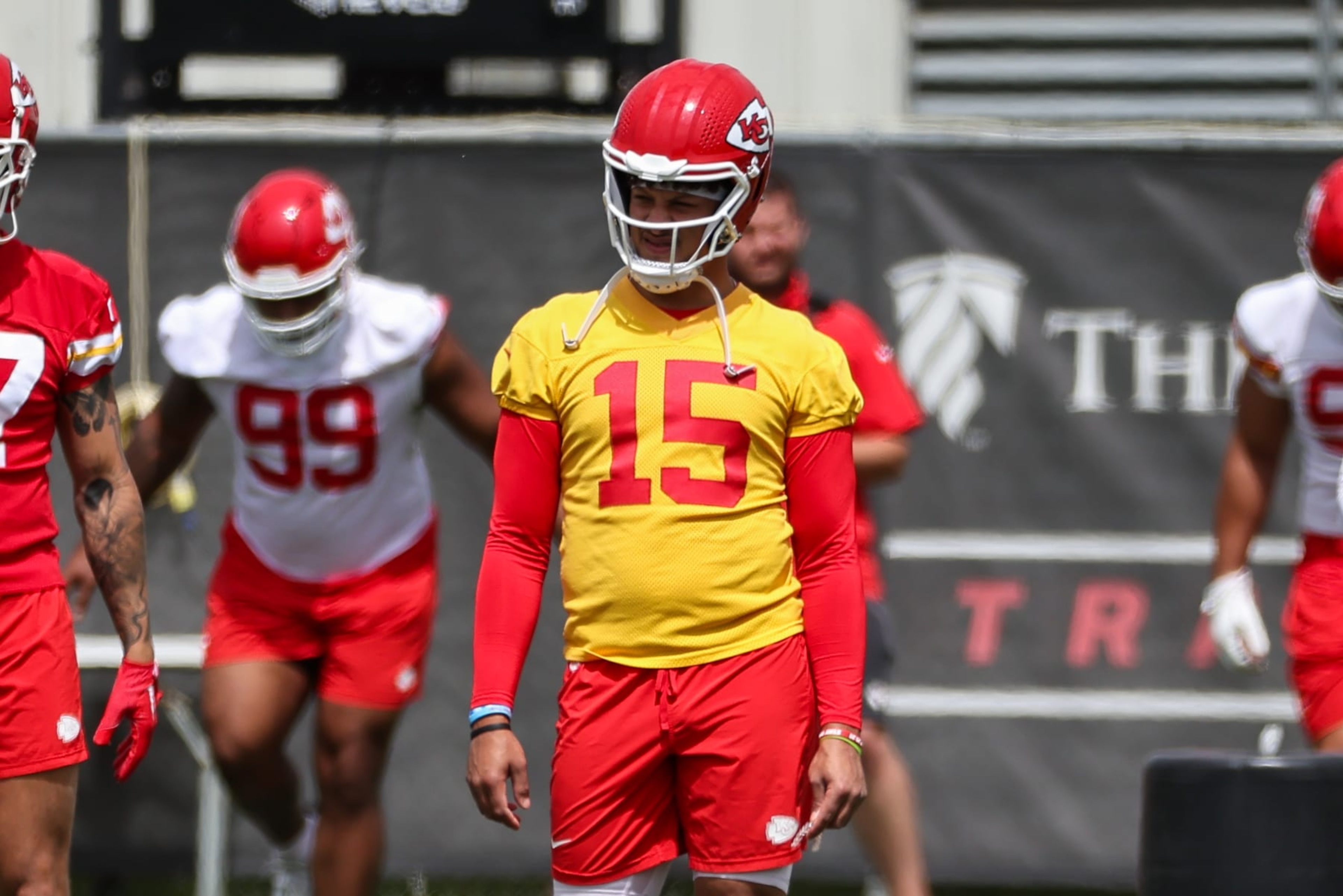KANSAS CITY, MO - MAY 22: Kansas City Chiefs quarterback Patrick Mahomes (15) during OTA's on May 22, 2024 at the Chiefs Training Facility in Kansas City, MO. (Photo by Scott Winters/Icon Sportswire via Getty Images)