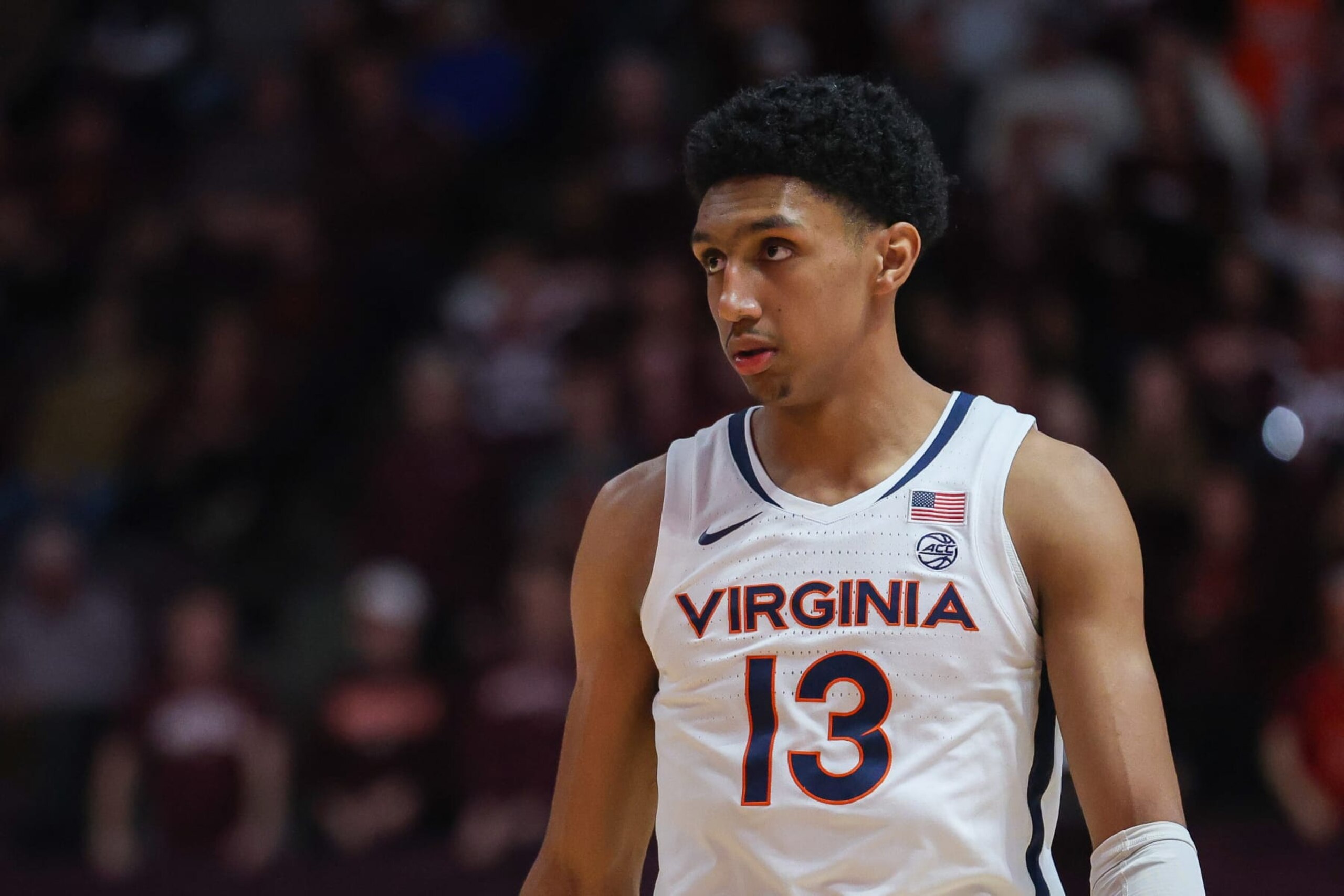BLACKSBURG, VIRGINIA - FEBRUARY 19: Ryan Dunn #13 of the Virginia Cavaliers looks on in the first half during a game against the Virginia Tech Hokies at Cassell Coliseum on February 19, 2024 in Blacksburg, Virginia. (Photo by Ryan Hunt/Getty Images)