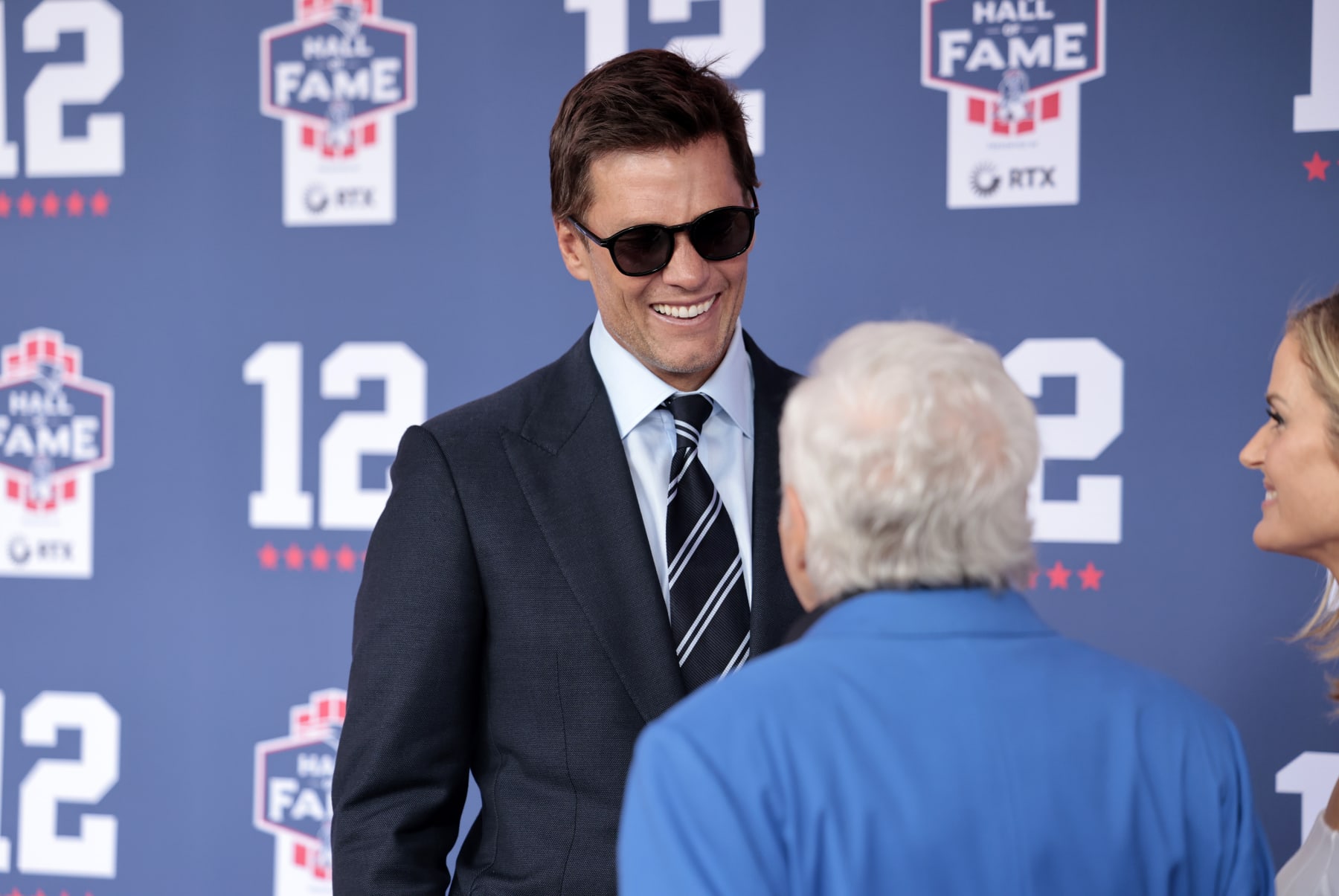 FOXBOROUGH, MA - JUNE 12: Tom Brady smiles before his induction into the New England Patriots Hall of Fame on June 12, 2024 at Gillette Stadium in Foxborough, Massachusetts. (Photo by Fred Kfoury III/Icon Sportswire via Getty Images)