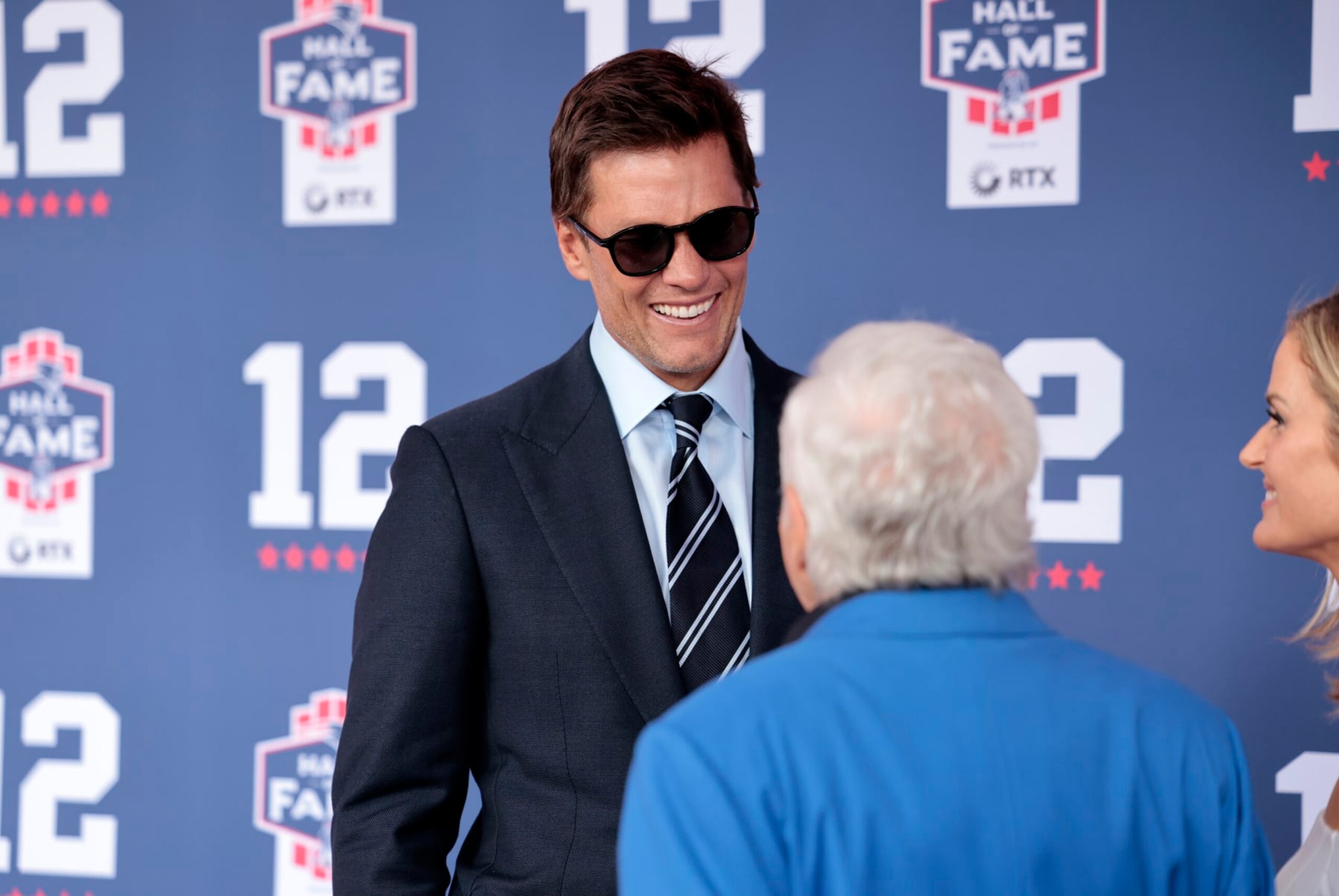 FOXBOROUGH, MA - JUNE 12: Tom Brady smiles before his induction into the New England Patriots Hall of Fame on June 12, 2024 at Gillette Stadium in Foxborough, Massachusetts. (Photo by Fred Kfoury III/Icon Sportswire via Getty Images)