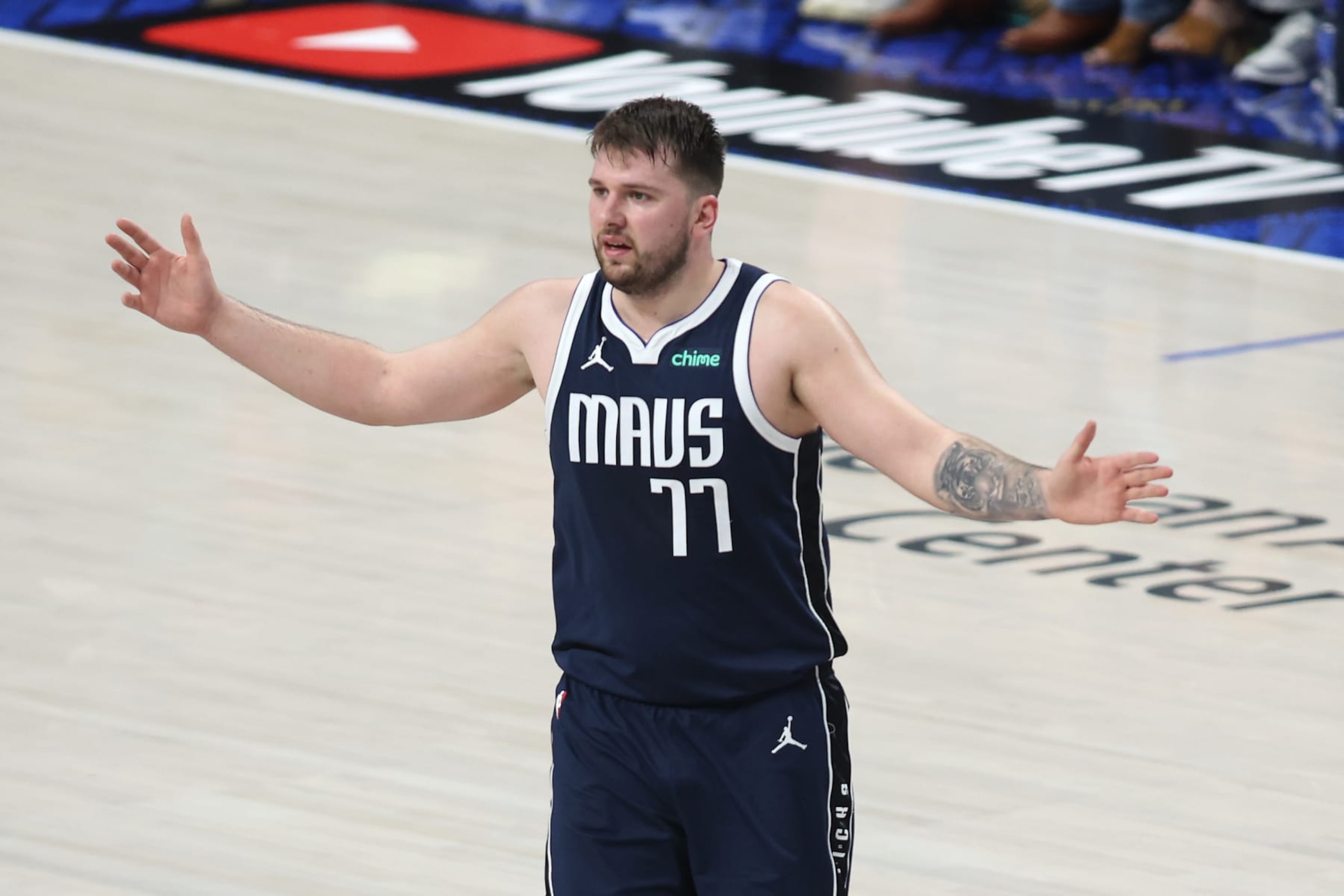 DALLAS, TEXAS - JUNE 12: Luka DonÄiÄ #77 of the Dallas Mavericks reacts in the third quarter against the Boston Celtics in Game Three of the 2024 NBA Finals at American Airlines Center on June 12, 2024 in Dallas, Texas. NOTE TO USER: User expressly acknowledges and agrees that, by downloading and or using this photograph, User is consenting to the terms and conditions of the Getty Images License Agreement. (Photo by Tim Heitman/Getty Images)