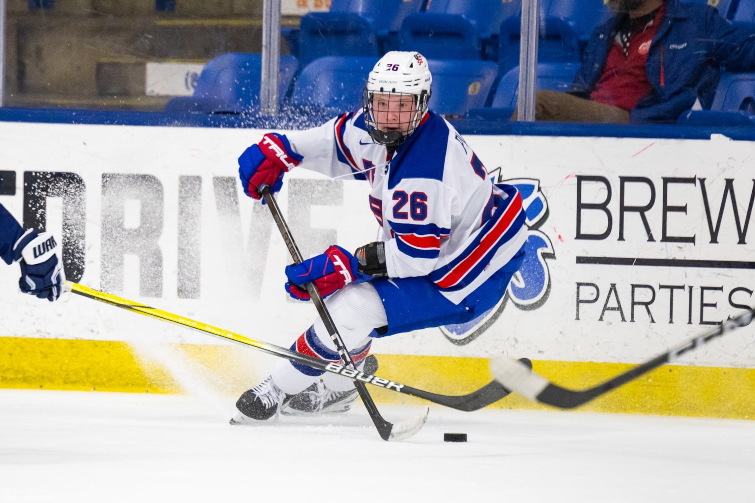 PLYMOUTH, MI - FEBRUARY 7: Max Plante #26 of Team USA stops with the puck during U18 Five Nations Tournament between Team Finland and Team USA at USA Hockey Arena on February 7, 2024 in Plymouth, Michigan. (Photo by Michael Miller/ISI Photos/Getty Images)
