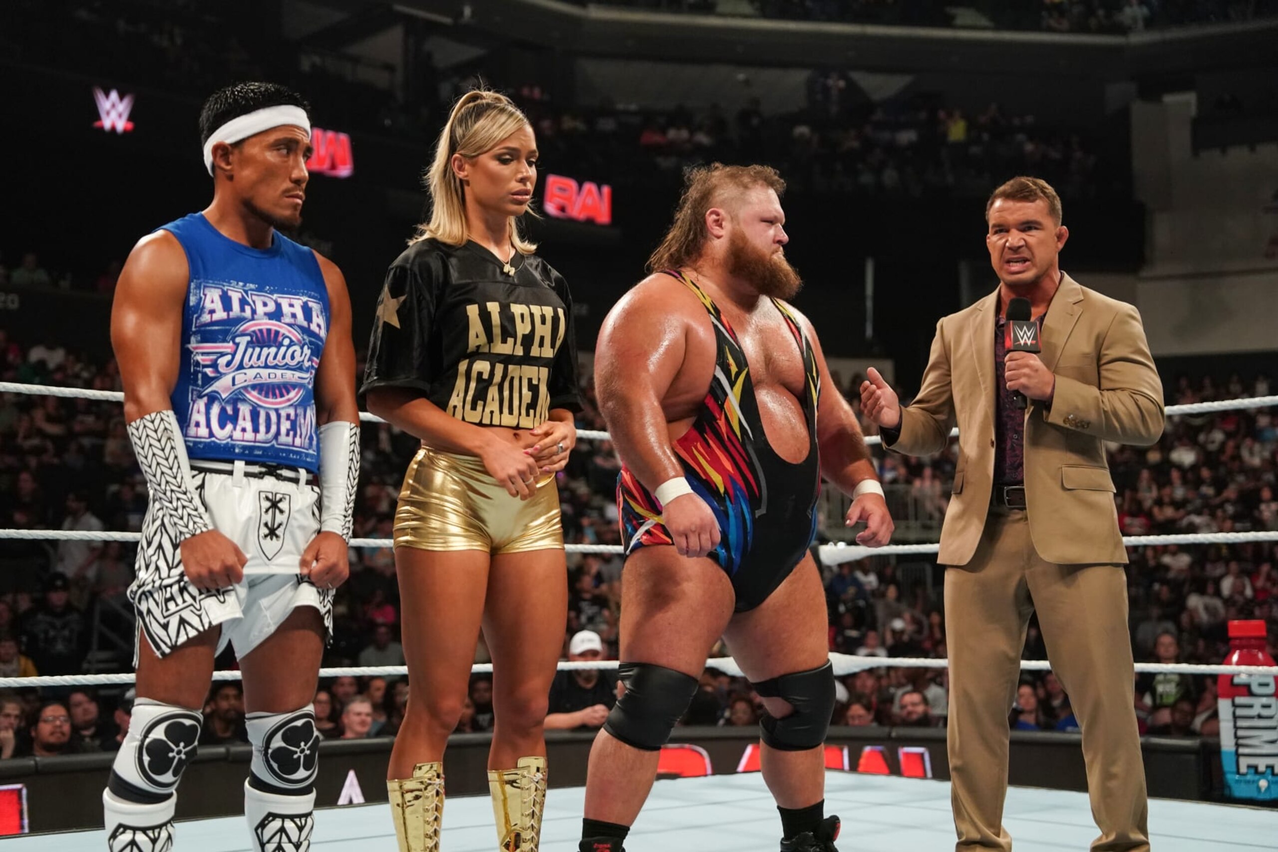SAVANNAH, GEORGIA - MAY 27: Chad Gable disciplines Alpha Academy during Monday Night RAW at Enmarket Arena on May 27, 2024 in Savannah, Georgia.  (Photo by WWE/Getty Images)