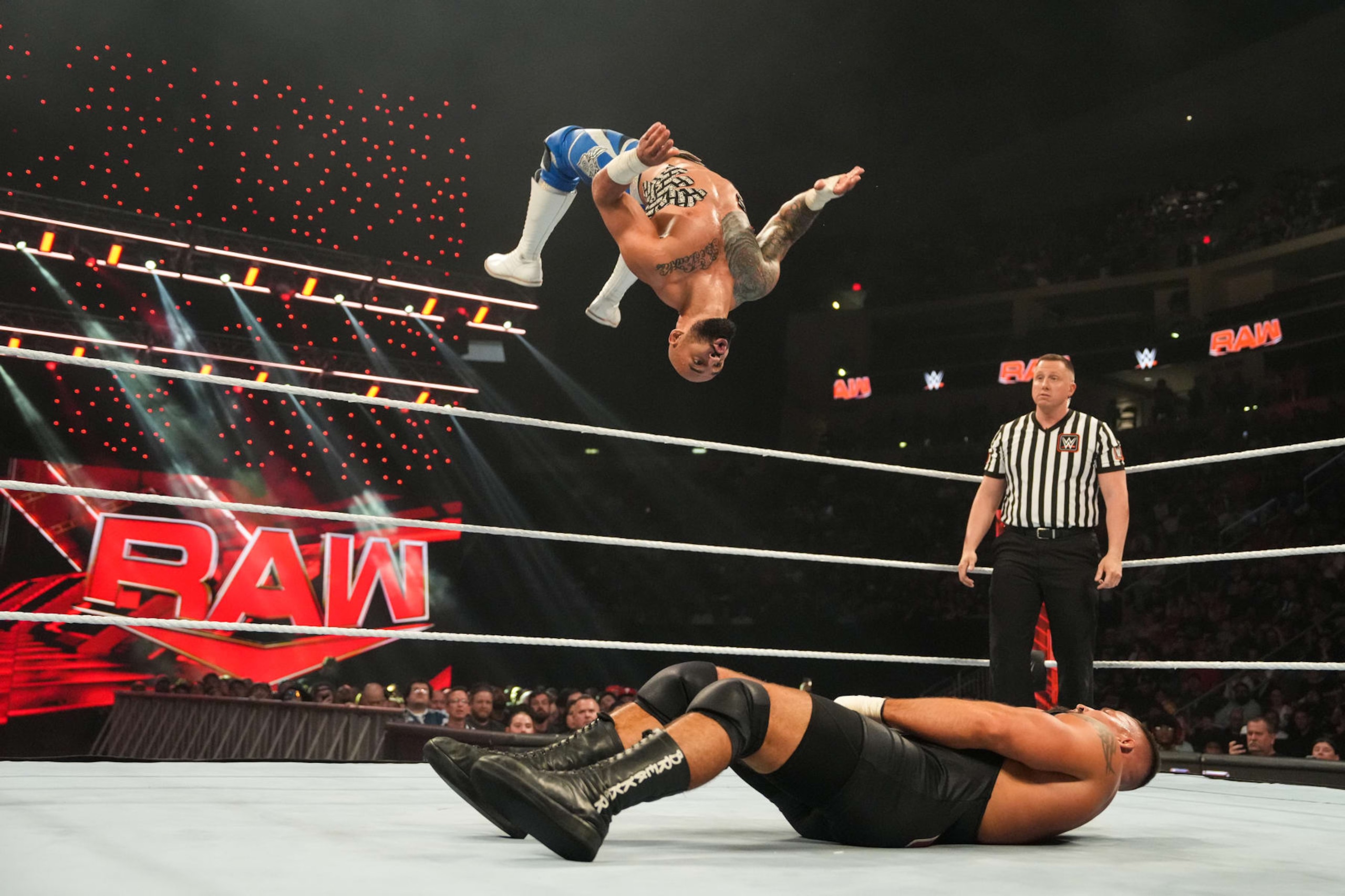 HERSHEY, PENNSYLVANIA - JUNE 3: Ricochet hit Bron Breakker with a Moonsault during Monday Night RAW at Giant Center on June 3, 2024 in Hershey, Pennsylvania.  (Photo by WWE/Getty Images)