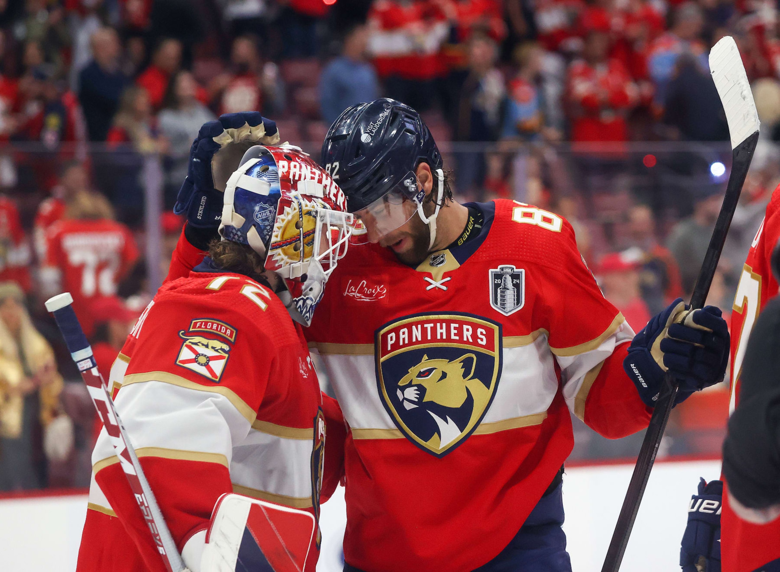 SUNRISE, FL - JUNE 10: Goaltender Sergei Bobrovsky #72 is congratulated by Kevin Stenlund #82 of the Florida Panthers after the 4-1 win against the Edmonton Oilers in Game Two of the Final of the 2024 Stanley Cup Playoffs at the Amerant Bank Arena on June 10, 2024 in Sunrise, Florida. (Photo by Joel Auerbach/Getty Images) SUNRISE, FL - JUNE 10: Goaltender Sergei Bobrovsky #72 is congratulated by Kevin Stenlund #82 of the Florida Panthers after the 4-1 win against the Edmonton Oilers in Game Two of the Final of the 2024 Stanley Cup Playoffs at the Amerant Bank Arena on June 10, 2024 in Sunrise, Florida. (Photo by Joel Auerbach/Getty Images)