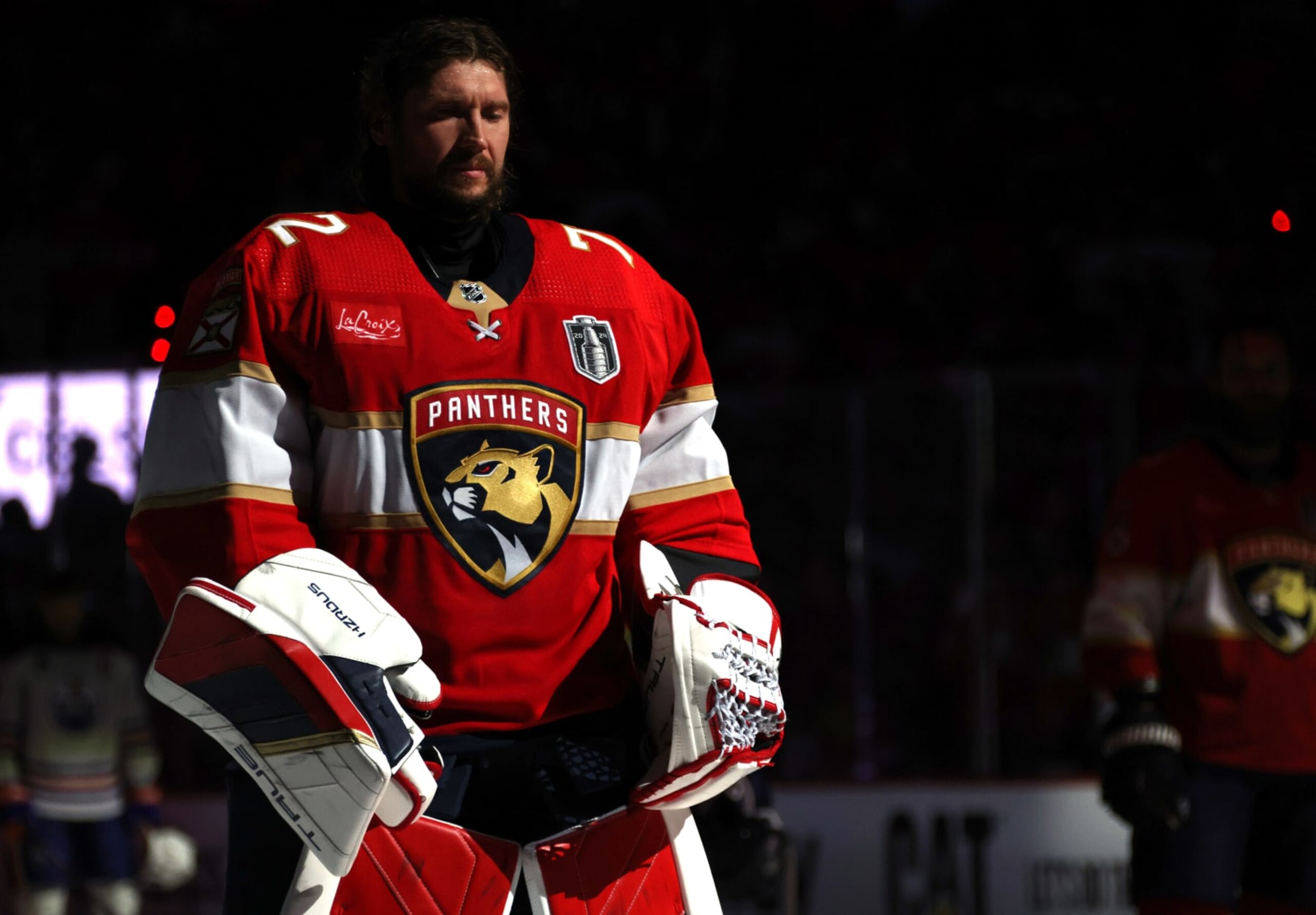 SUNRISE, FLORIDA - JUNE 10: Goaltender Sergei Bobrovsky #72 of the Florida Panthers is seen on the ice during the singing of the national anthem before Game Two of the 2024 Stanley Cup Final between the Edmonton Oilers and the Florida Panthers at Amerant Bank Arena on June 10, 2024 in Sunrise, Florida. (Photo by Dave Sandford/NHLI via Getty Images) SUNRISE, FLORIDA - JUNE 10: Goaltender Sergei Bobrovsky #72 of the Florida Panthers is seen on the ice during the singing of the national anthem before Game Two of the 2024 Stanley Cup Final between the Edmonton Oilers and the Florida Panthers at Amerant Bank Arena on June 10, 2024 in Sunrise, Florida. (Photo by Dave Sandford/NHLI via Getty Images)