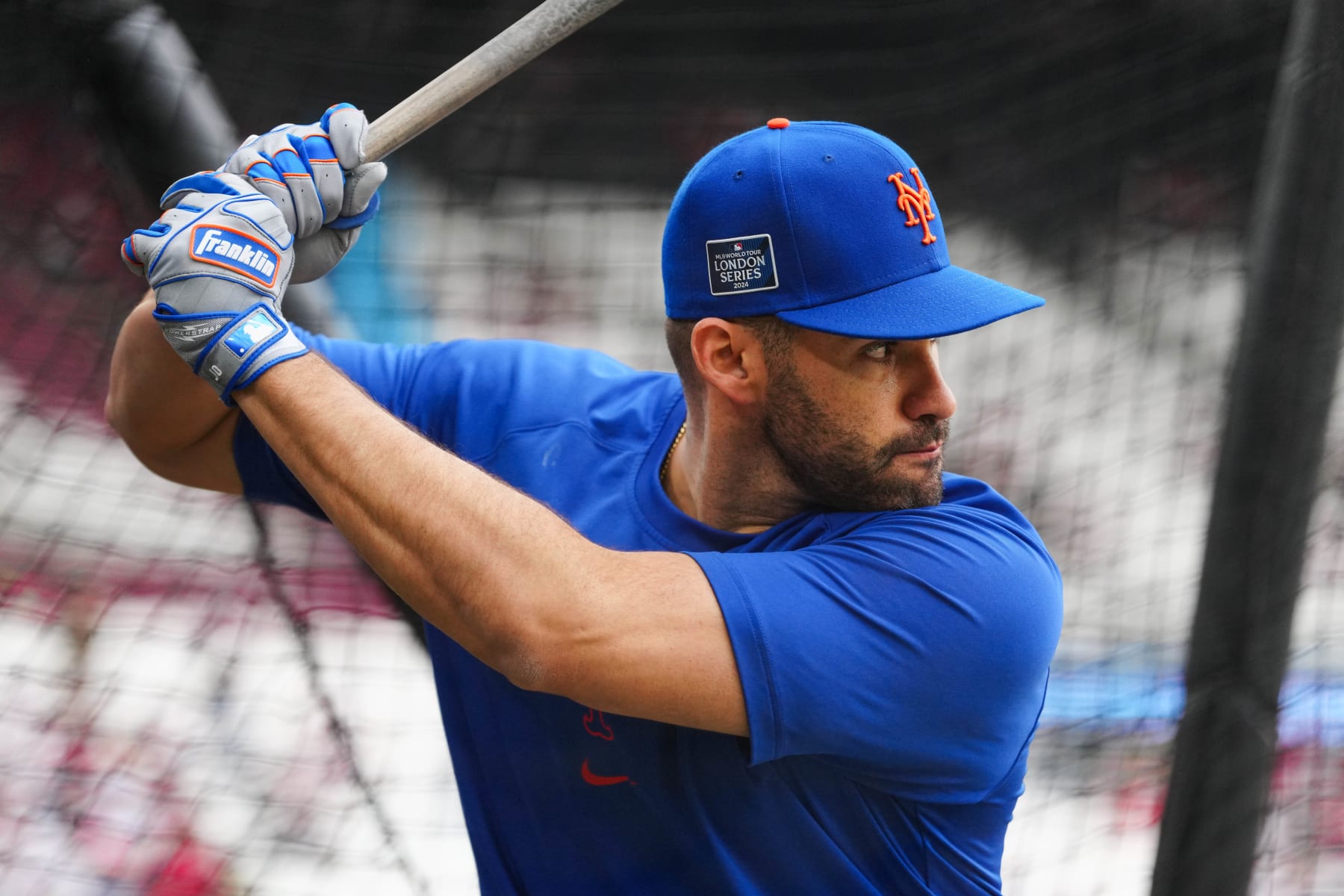 LONDON, ENGLAND - JUNE 09:   J.D. Martinez #28 of the New York Mets takes batting practice prior to the 2024 London Series game between the New York Mets and the Philadelphia Phillies at London Stadium on Sunday, June 9, 2024 in London, England. (Photo by Mary DeCicco/MLB Photos via Getty Images)