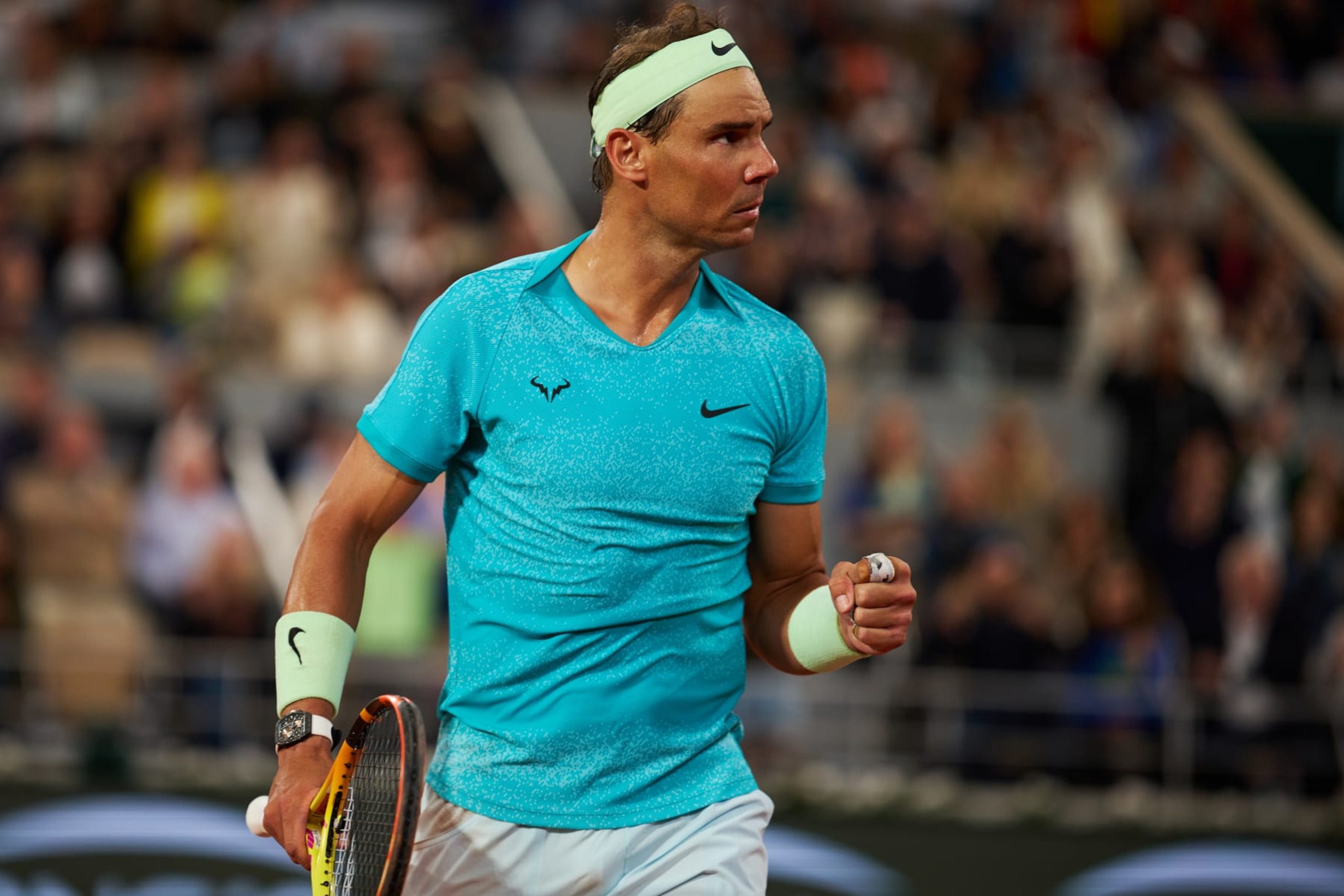 PARIS, FRANCE - MAY 27: Rafa Nadal of Spain reacts in the Men's Singles first round match against Alexander Szerev of Germany on day two of the 2024 French Open at Roland Garros on May 27, 2024 in Paris, France. (Photo by VCG/VCG via Getty Images)