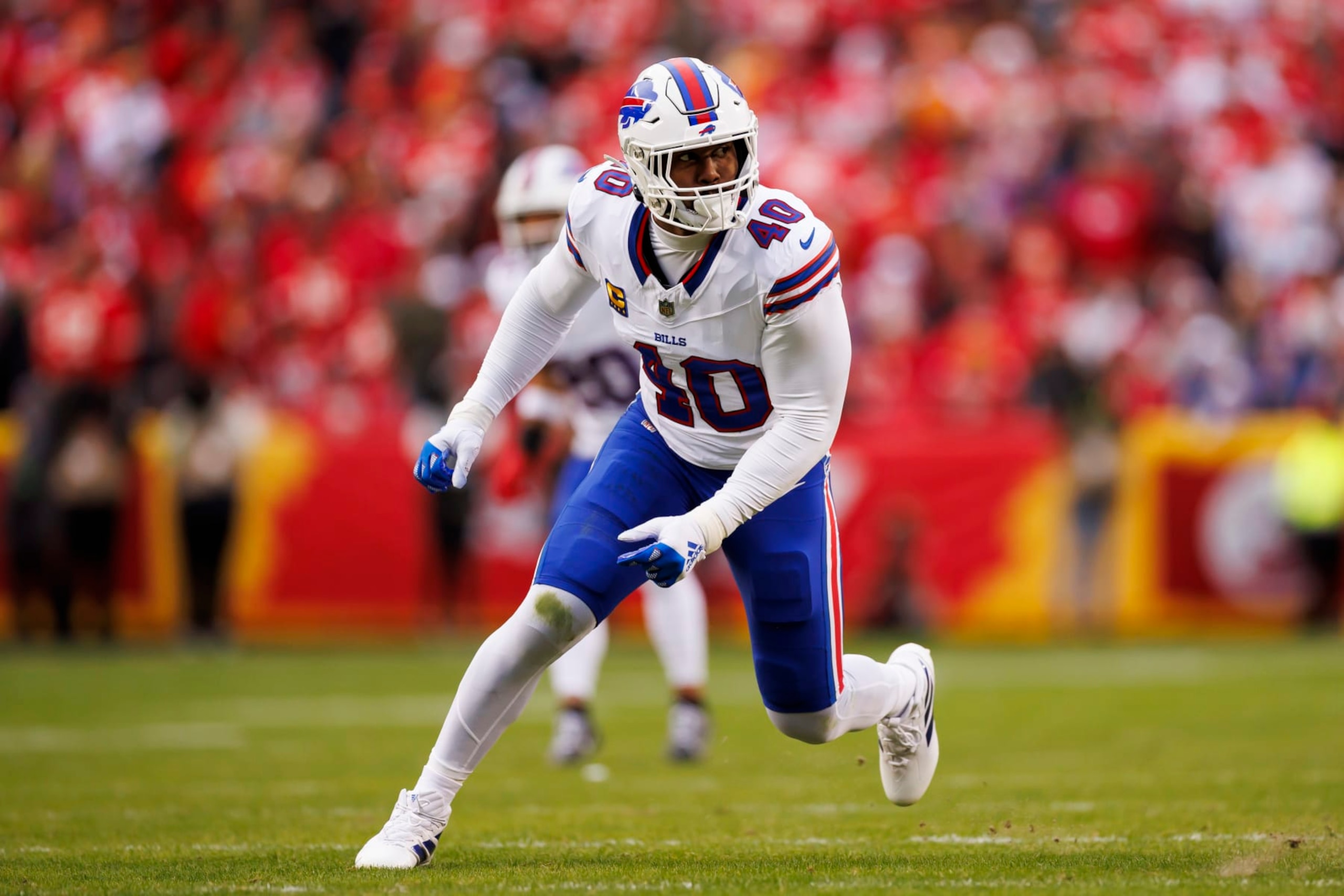 KANSAS CITY, MISSOURI - DECEMBER 10: Von Miller #40 of the Buffalo Bills runs around the edge during an NFL football game against the Kansas City Chiefs at GEHA Field at Arrowhead Stadium on December 10, 2023 in Kansas City, Missouri. (Photo by Ryan Kang/Getty Images)