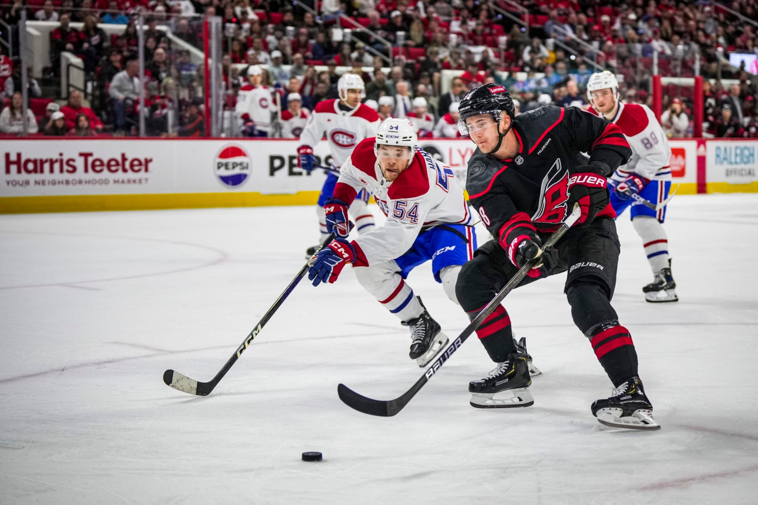RALEIGH, NORTH CAROLINA - MARCH 07: Martin Necas #88 of the Carolina Hurricanes skates with the puck during the third period of a game against the Montréal Canadiens at PNC Arena on March 07, 2024 in Raleigh, North Carolina. (Photo by Josh Lavallee/NHLI via Getty Images) RALEIGH, NORTH CAROLINA - MARCH 07: Martin Necas #88 of the Carolina Hurricanes skates with the puck during the third period of a game against the Montréal Canadiens at PNC Arena on March 07, 2024 in Raleigh, North Carolina. (Photo by Josh Lavallee/NHLI via Getty Images)