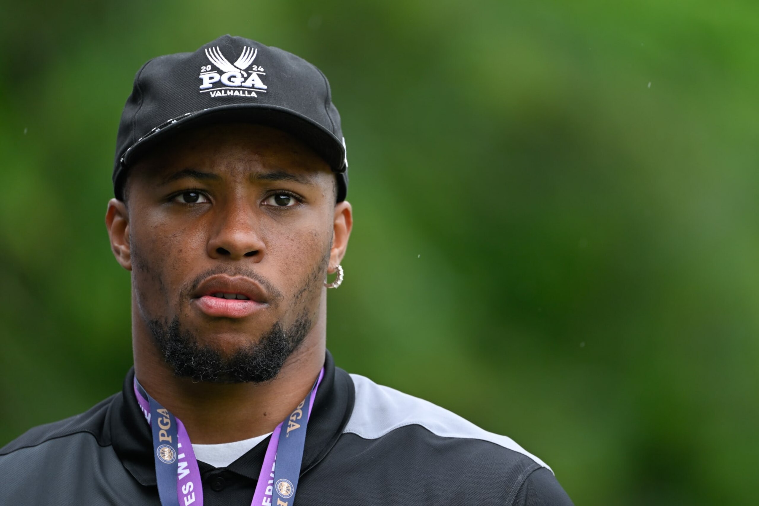 LOUISVILLE, KENTUCKY - MAY 17: Saquon Barkley, Philadelphia Eagles running back, walks inside the ropes during the second round of PGA Championship at Valhalla Golf Club on May 17, 2024 in Louisville, Kentucky. (Photo by Ben Jared/PGA TOUR via Getty Images)