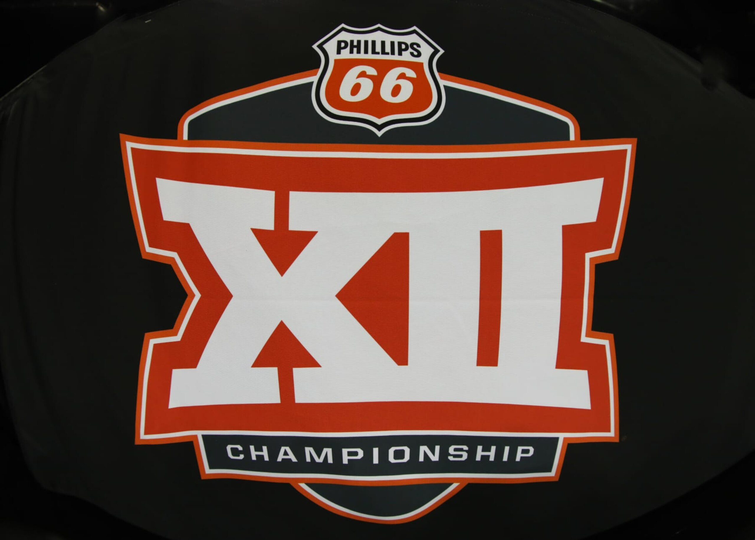 KANSAS CITY, MO - MARCH 12: A view of the Big 12 Championship logo before the women's tournament final between the Iowa State Cyclones and Texas Longhorns on Mar 12, 2024 at T-Mobile Center in Kansas City, MO. (Photo by Scott Winters/Icon Sportswire via Getty Images)