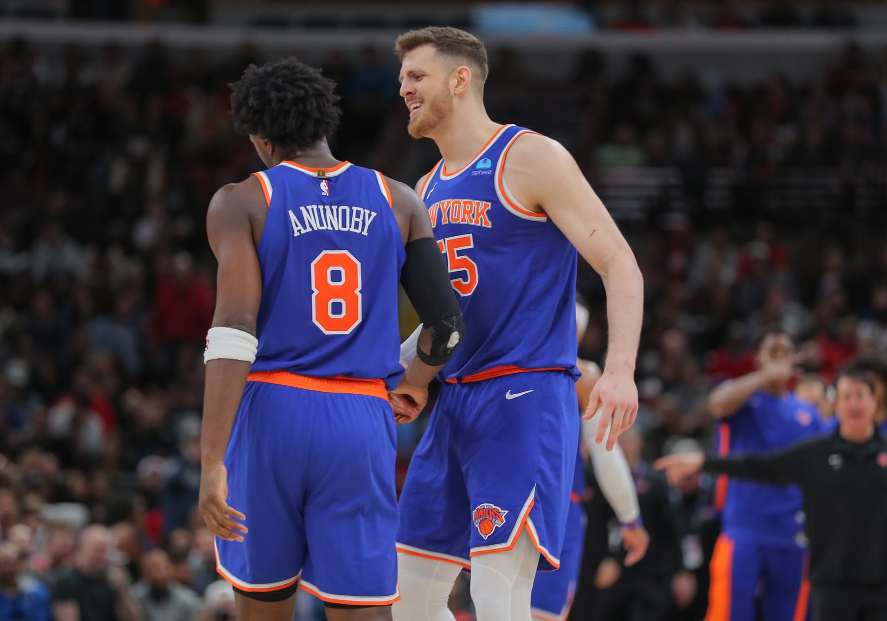 CHICAGO, IL - APRIL 09: Isaiah Hartenstein #55 of the New York Knicks and OG Anunoby #8 of the New York Knicks react during the second half against the Chicago Bulls at the United Center on April 9,2024 in Chicago. (Photo by Melissa Tamez/Icon Sportswire via Getty Images)