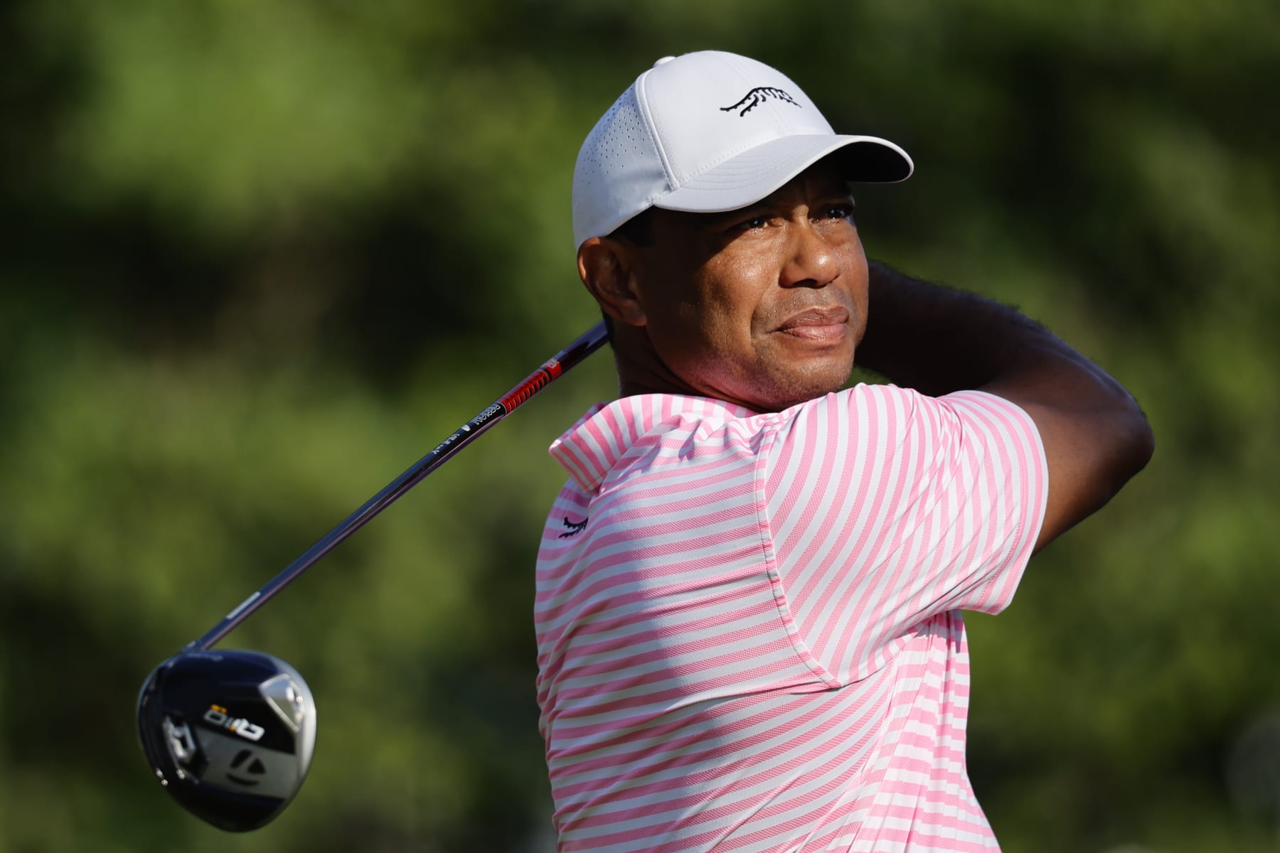 PINEHURST, NORTH CAROLINA - JUNE 13: Tiger Woods of the United States plays his shot from the 14th tee during the first round of the 124th U.S. Open at Pinehurst Resort on June 13, 2024 in Pinehurst, North Carolina. (Photo by Alex Slitz/Getty Images)