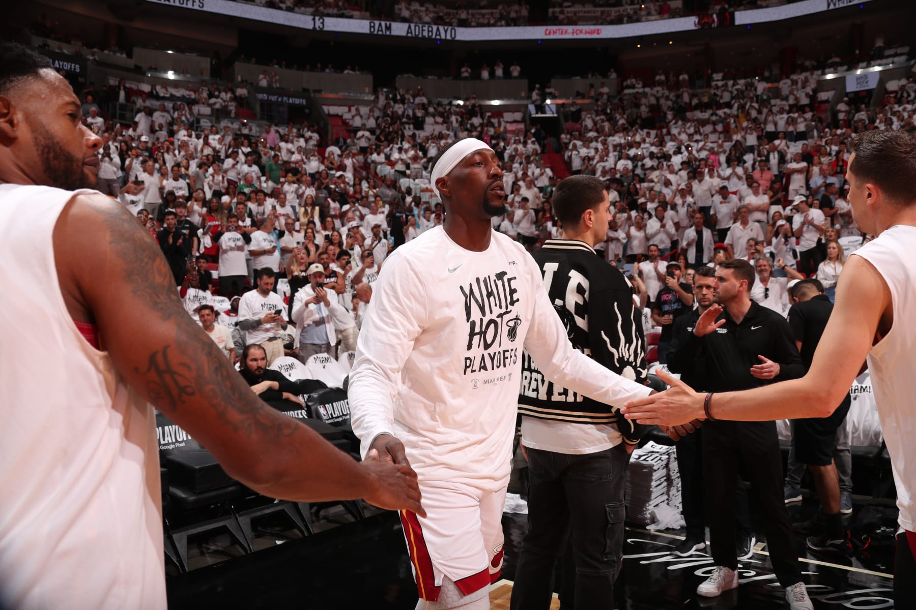 MIAMI, FL - APRIL 27: Bam Adebayo #13 of the Miami Heat is introduced before the game against the Boston Celtics during Round 1 Game 3 of the 2024 NBA Playoffs on April 27, 2024 at Kaseya Center in Miami, Florida. NOTE TO USER: User expressly acknowledges and agrees that, by downloading and or using this Photograph, user is consenting to the terms and conditions of the Getty Images License Agreement. Mandatory Copyright Notice: Copyright 2024 NBAE (Photo by Issac Baldizon/NBAE via Getty Images)