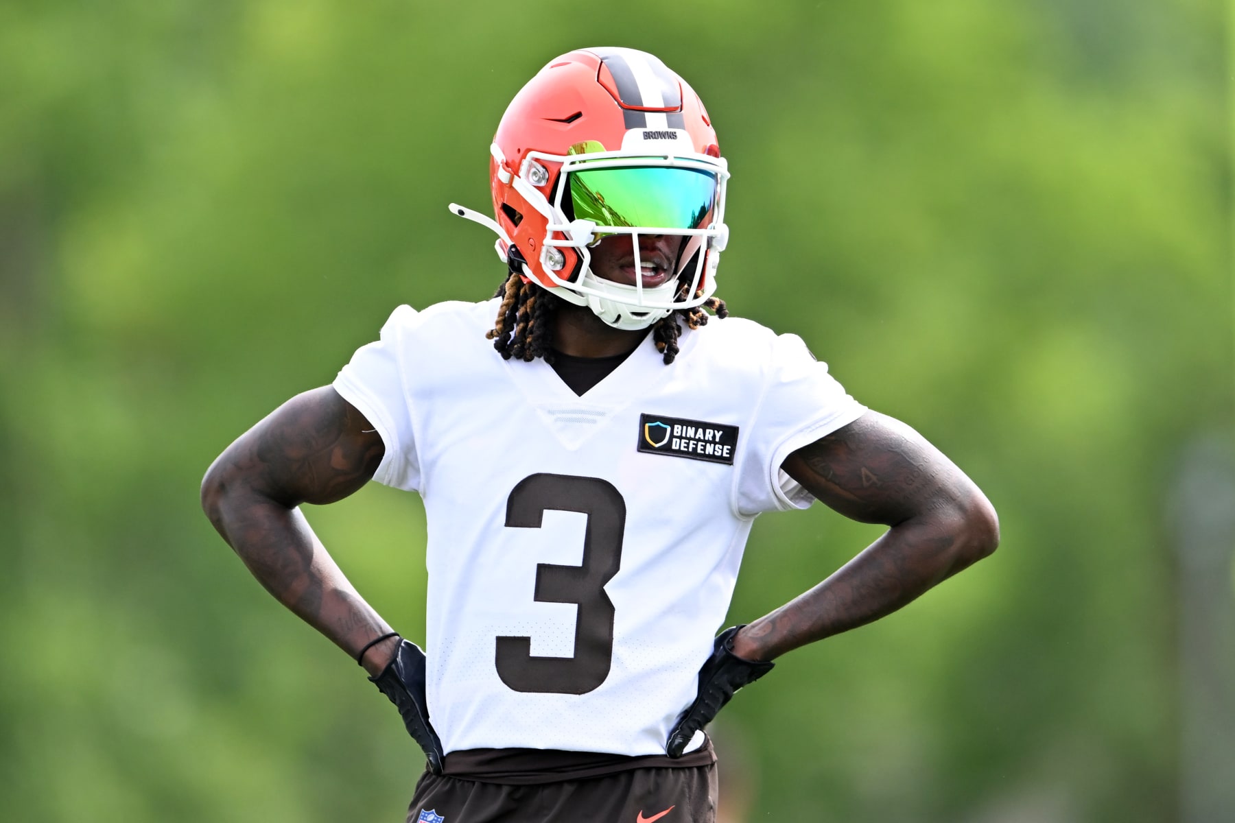 BEREA, OHIO - MAY 22: Jerry Jeudy #3 of the Cleveland Browns looks on during an OTA offseason workout at their CrossCountry Mortgage Campus on May 22, 2024 in Berea, Ohio. (Photo by Nick Cammett/Getty Images)
